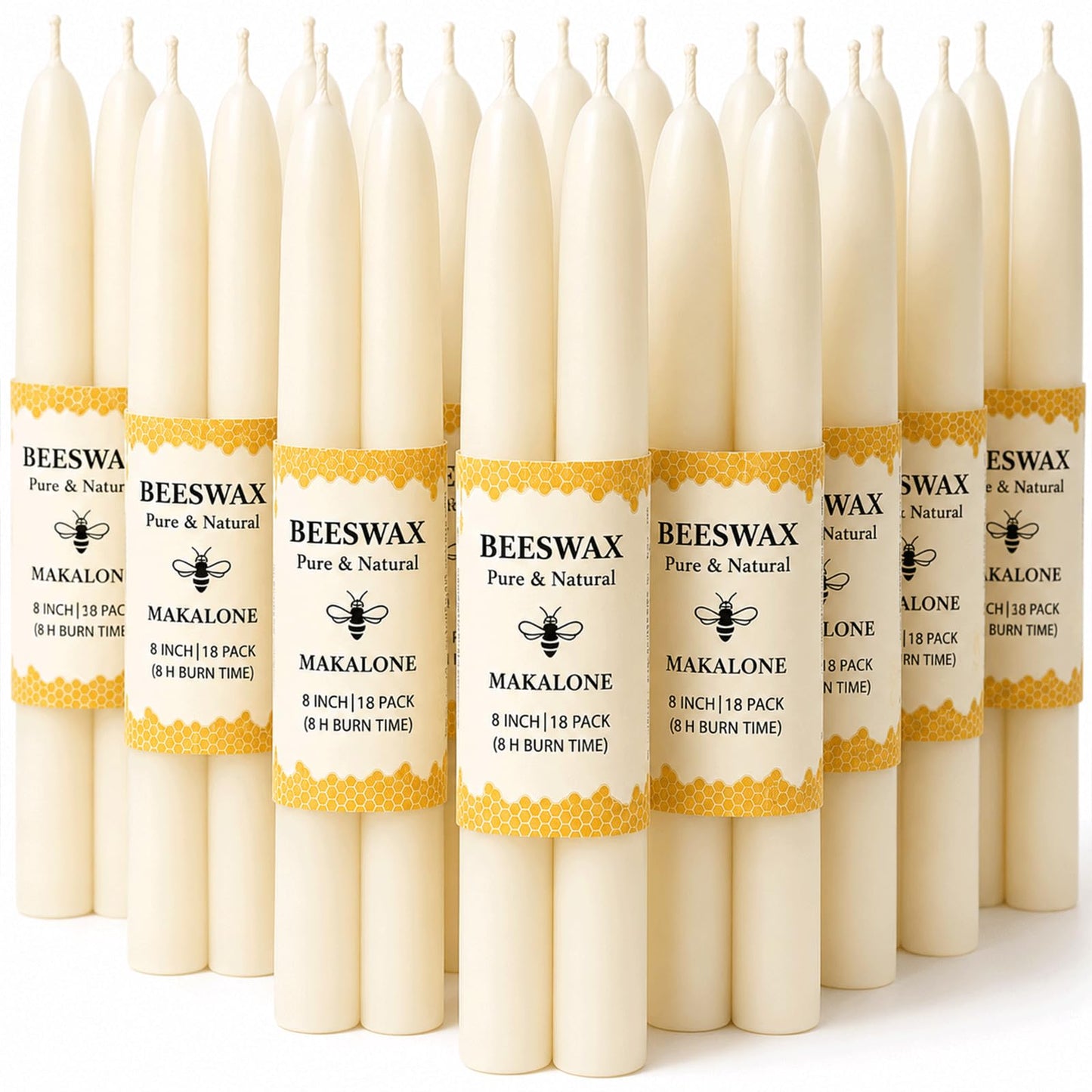 8 in Beeswax Taper Candles,18 Pack Dripless Pure White Beeswax Candle Sticks,8 Hours Long Burning Natural Bees Wax Candles for Home,Unscented Smokeless Tapered Candlesticks for Dinner