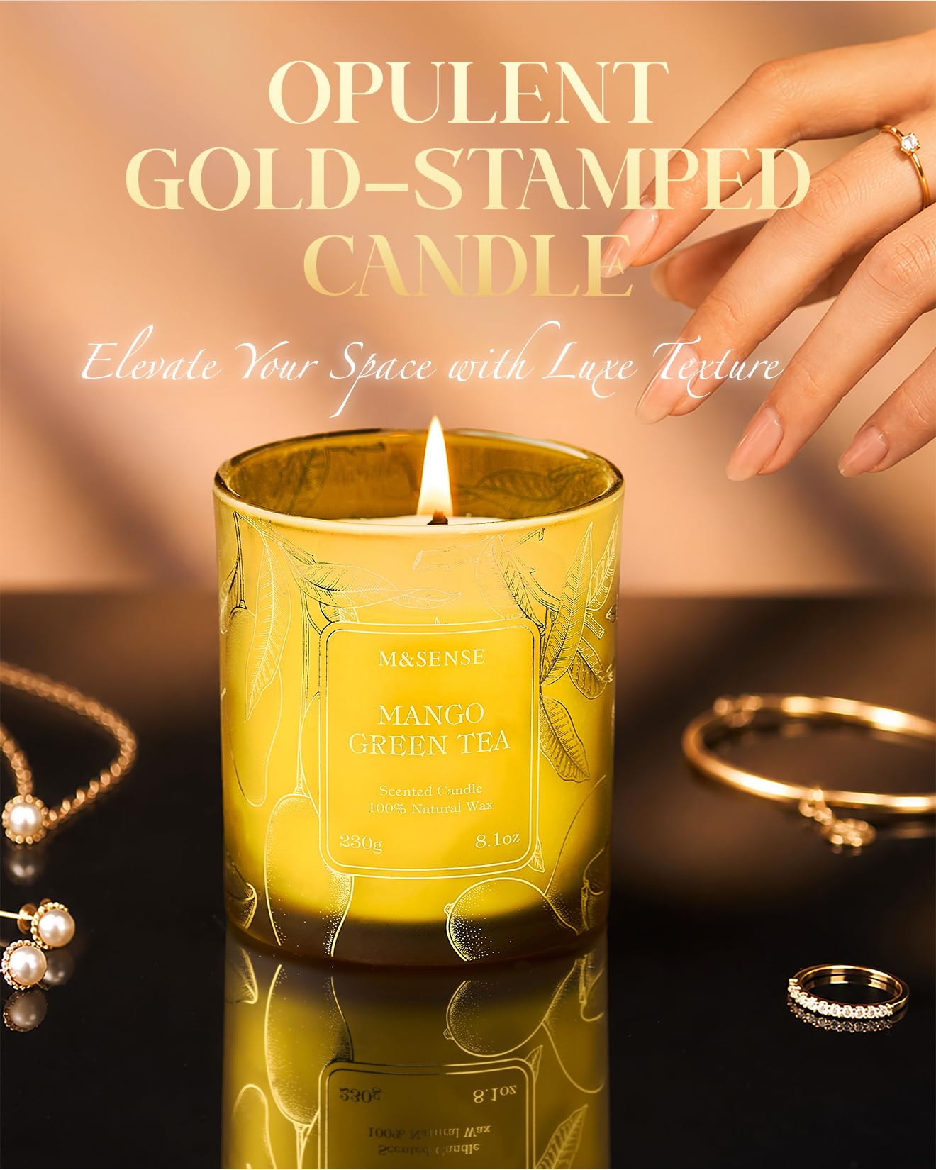 M&SENSE Mango Green Tea Soy Candle, 8.1oz 42H Slow Burning Non Toxic, Tropical Tea Aromatherapy, Summer Relaxation Gift