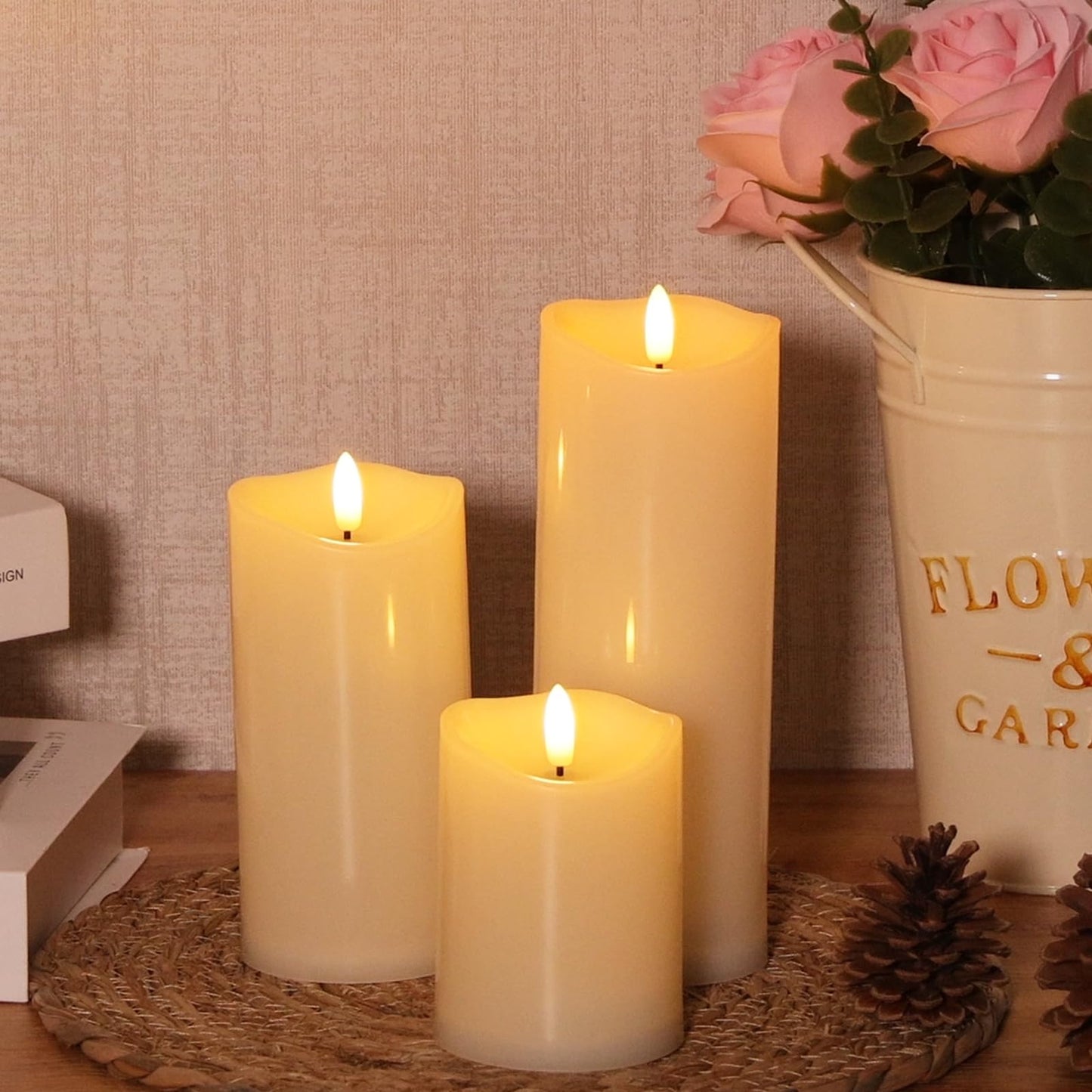 Outdoor Flameless Candles with Remote Timer - Waterproof Realistic Flickering LED Pillar Electric Battery Operated Fake Candle for Home Patio Wedding Fireplace Decor - Ivory 3 Pack (D3”H4”6”8”)