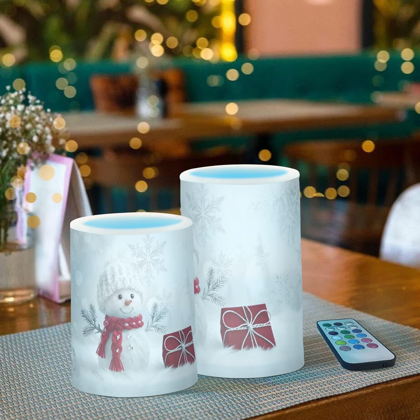 Christmas Lights Decorations Flameless Candles Snowman in Winter Pillar Candles Set of 2 Battery Operated Remote Control Warm Lights