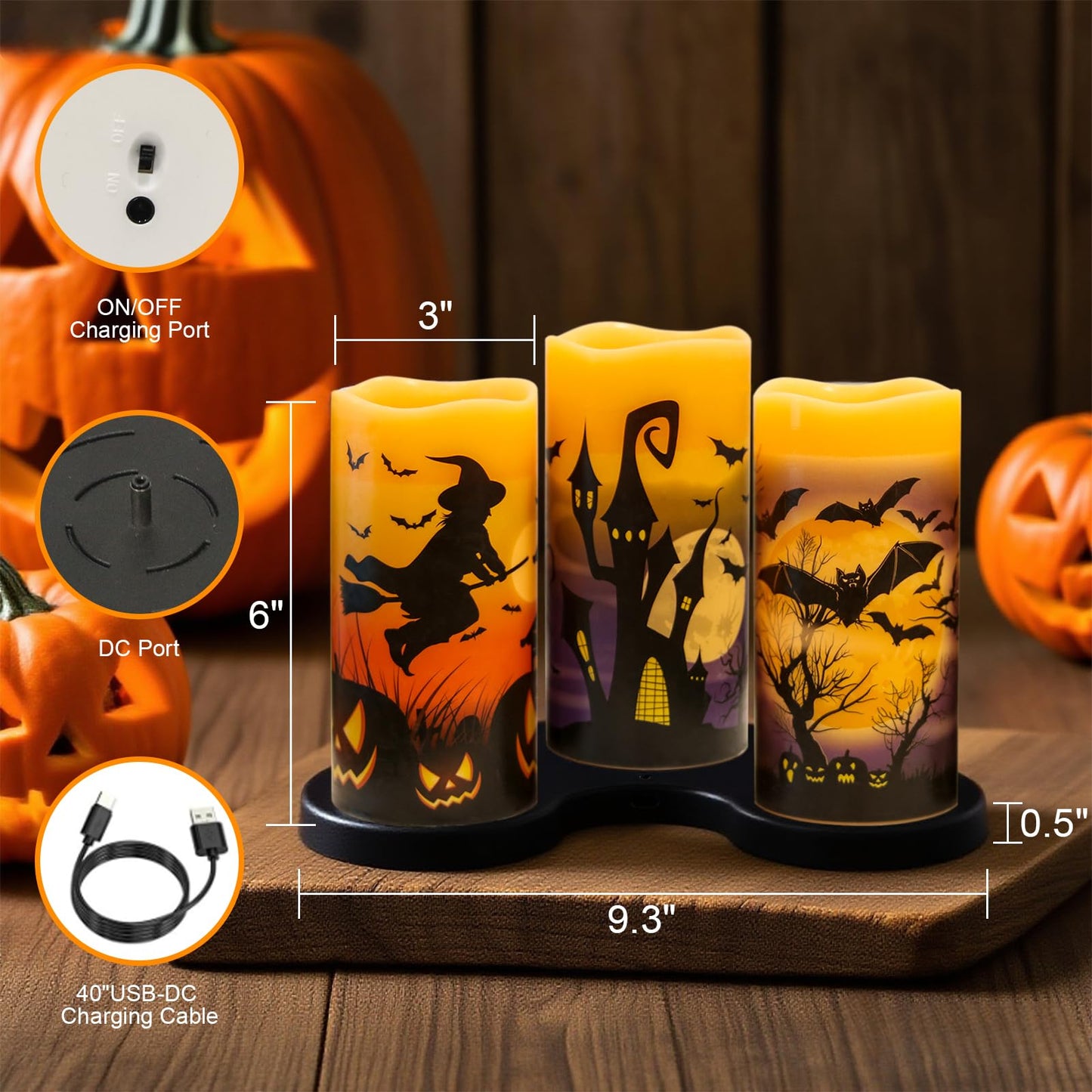 DRomance Rechargeable Halloween Flameless Candles Battery Operated with 6 Hour Timer Real Wax Flickering LED Pillar Candles Bats Witch Pumpkin Dinner Halloween Indoor Deocration(3 Pack, 3" D x 6" H)