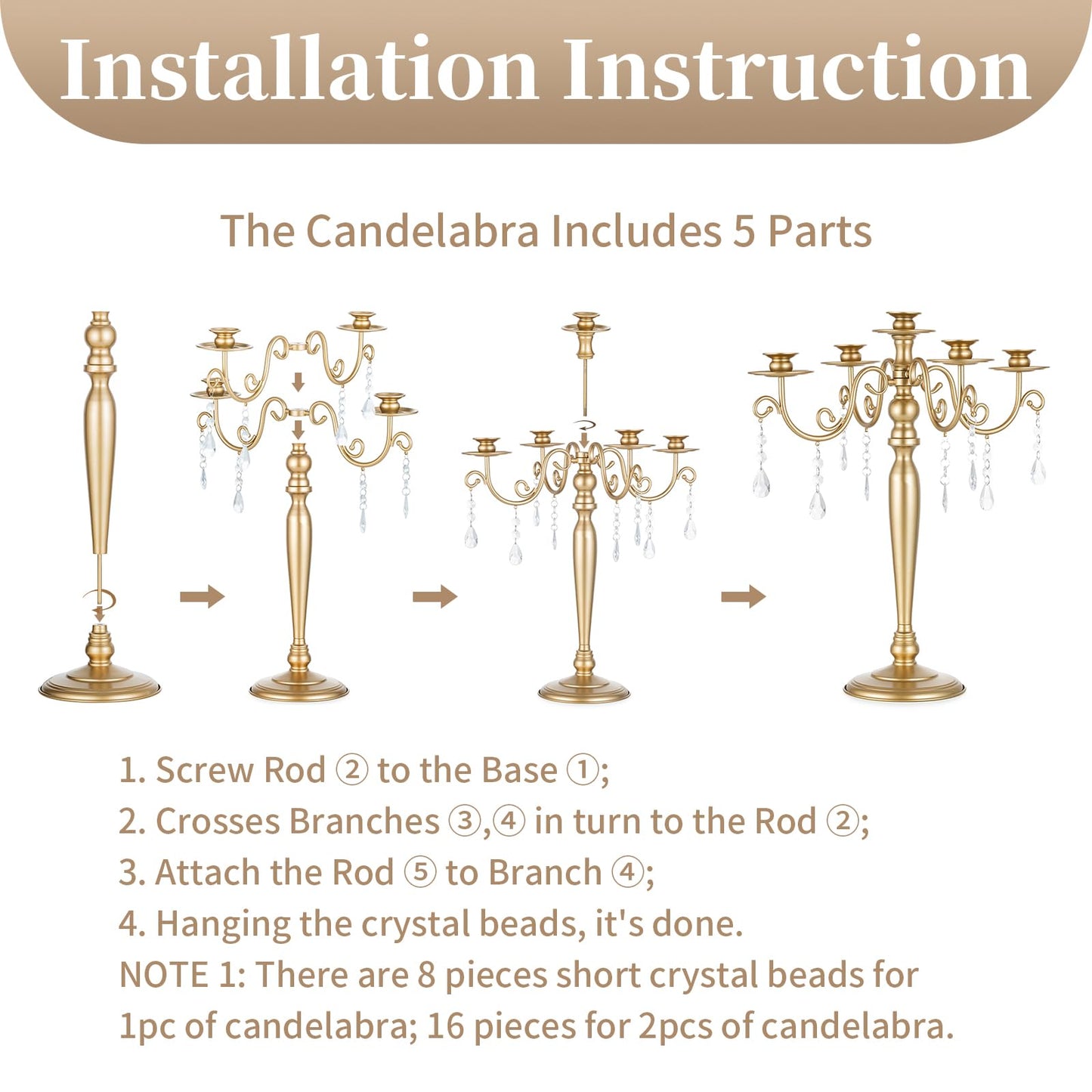 Sziqiqi Wedding Candelabra Table Centerpiece: 5 Arm Candelabras for Candlesticks - Gold Candle Holder Set of 2 for Christmas Engagement Birthday Party Event