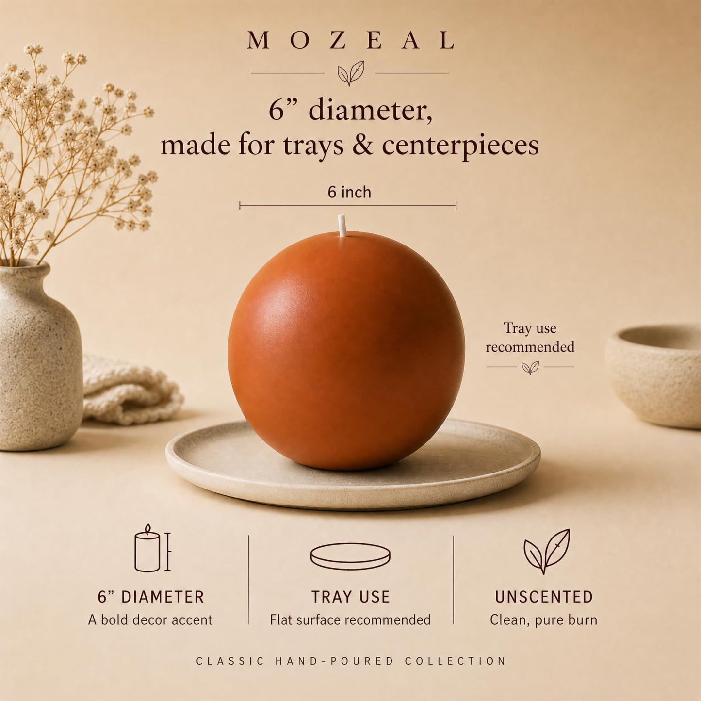 MOZEAL Hand-Poured, 6 Inch Burnt Orange Large Round Ball Candles - Elegant Burnt Orange Round Pillar Candles, Dripless, Unscented, Smokeless, Ideal for Autumn Gatherings.