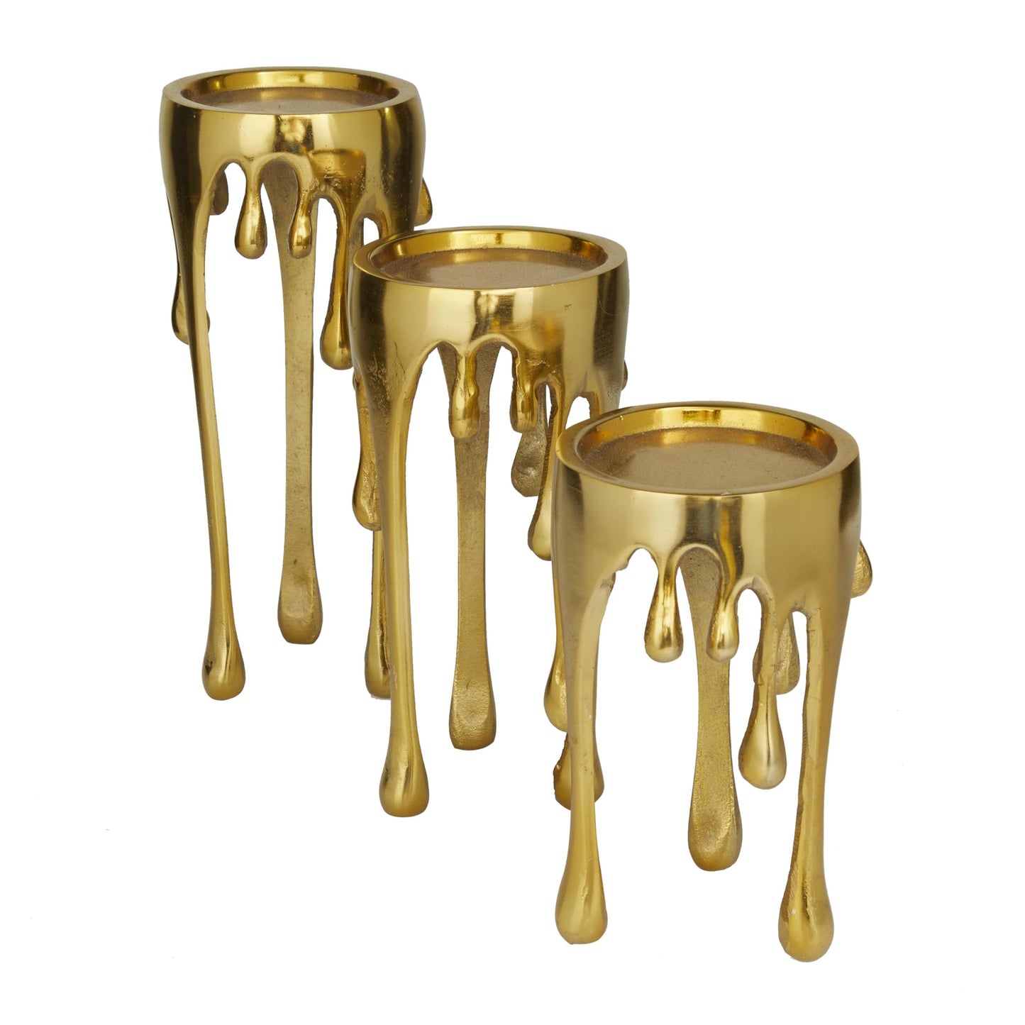 CosmoLiving by Cosmopolitan Aluminum Metal Abstract Decorative Candle Holder Melting Drip Candle Stand, Set of 3 Candlestick Holder 12", 10", 8"H, Gold