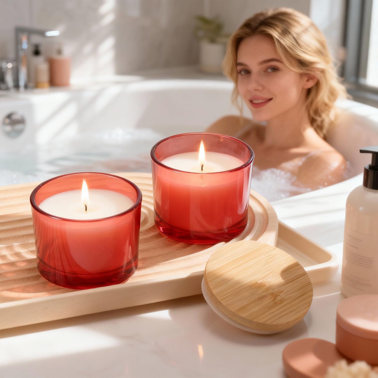 Acellegic 30 Pack 4.73 OZ Thick Candle Jars for Making Candles, Candle Jar, Wide Mouth Glass Empty Jars with Bamboo Lids for Making Candles, Bulk Container Dishwasher Safe (Red)