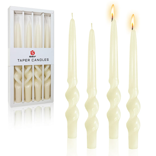 FCMSHAMD Handmade Spiral Taper Candles - Unscented Long Candles Colored Wax Twisted Candle - 10 Inch Candle Sticks for Wedding Dinner Party Decoration - Set of 4(Ivory)