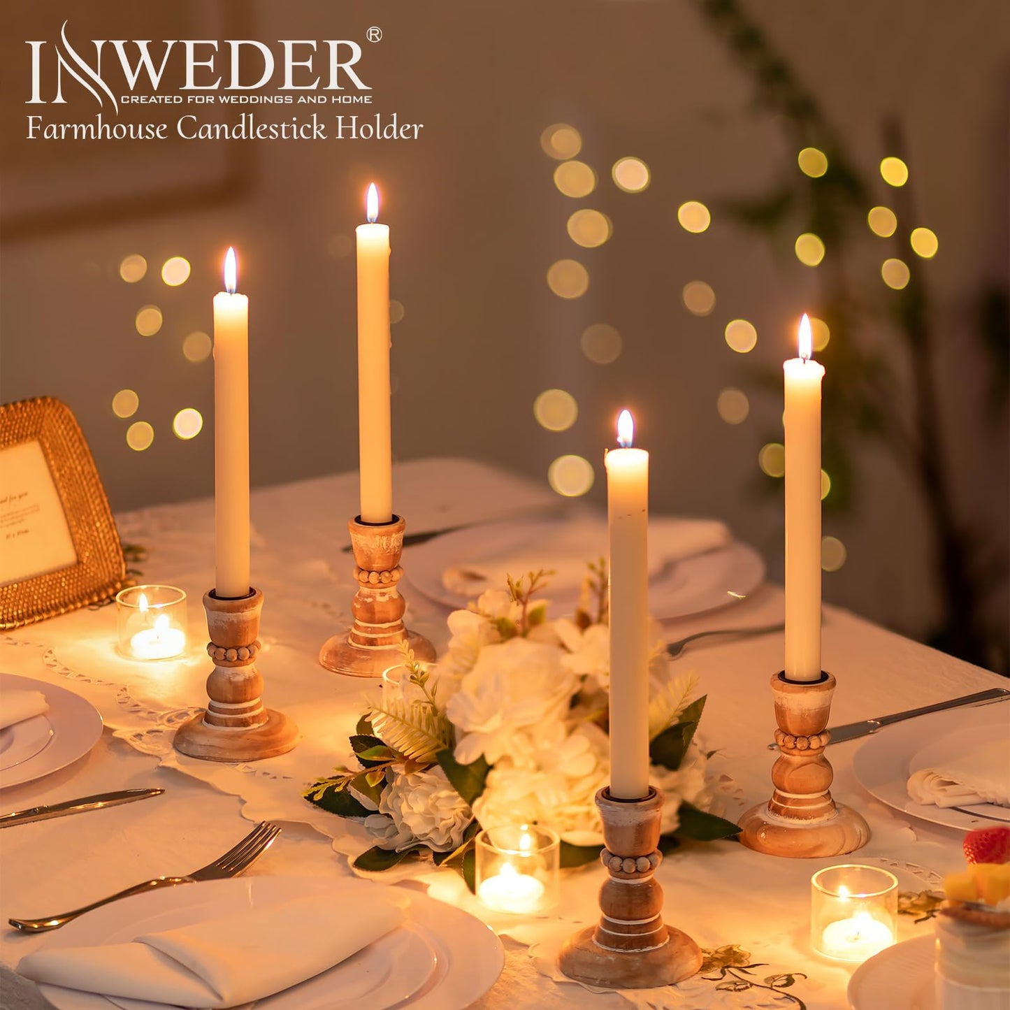 Inweder Wooden Taper Candle Holders: Rustic Wood Candlestick Holders Farmhouse Fall Decor for Living Room Dinning Table Centerpiece Christmas Set of 10