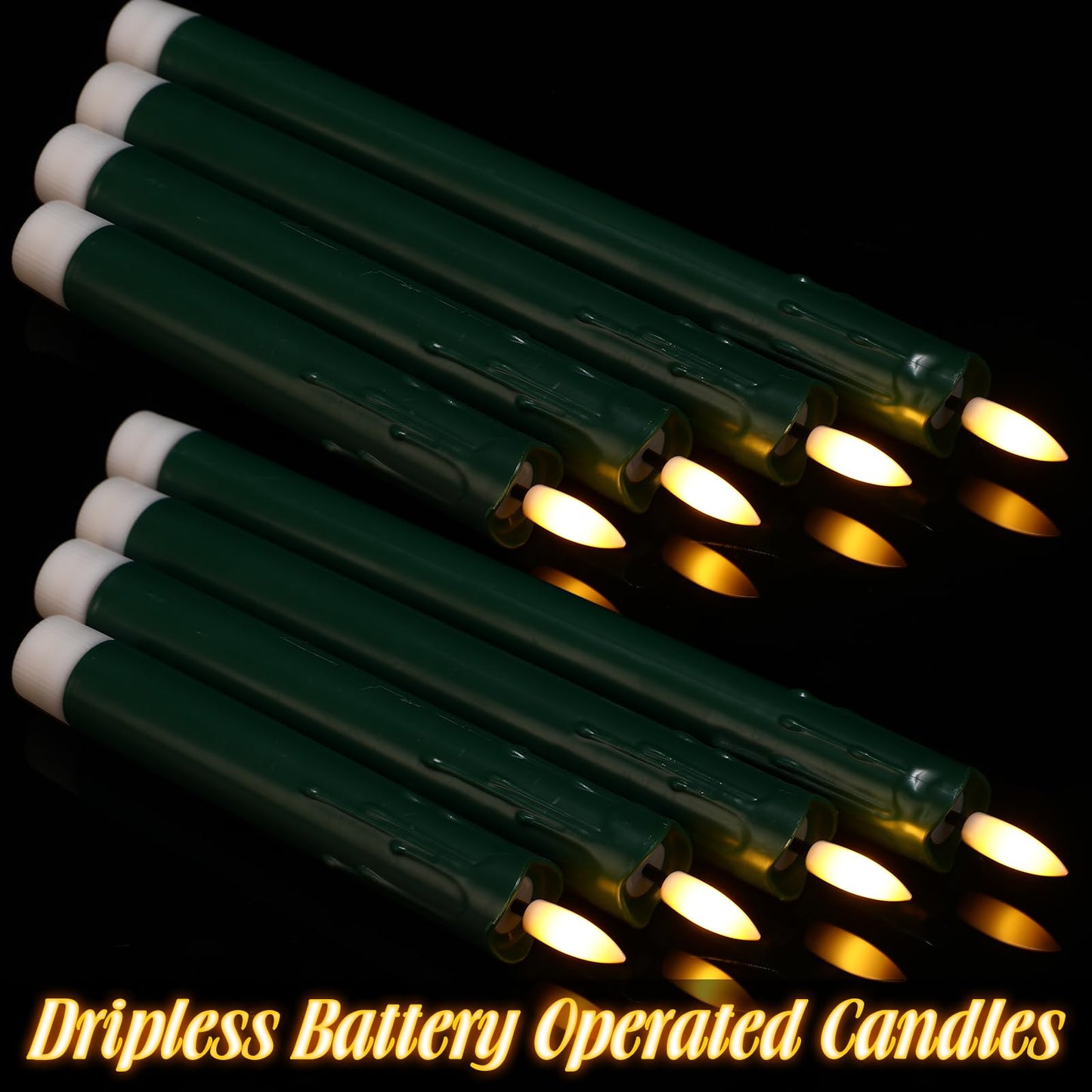Macarrie 24 Pcs Green Flameless Taper Candles LED Battery Operated 6.5'', 7.7'', 8.8'', 10'' 3D Flickering Flame Candlesticks Drip Wax Shaped Candles for Wedding Birthday Party Decor