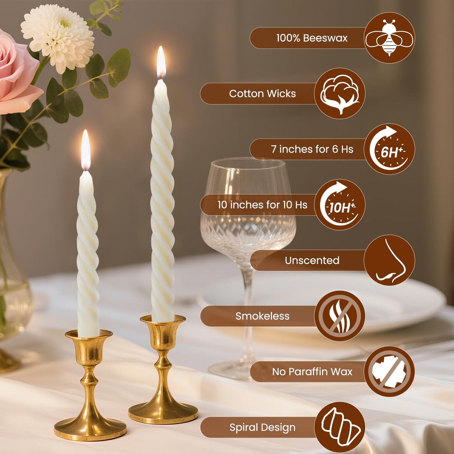 AGLARY 2PCS 10-Inch Pure Beeswax Spiral Taper Candles, Twisted Stick Candles, Dripless & Unscented for Weddings, Christmas, Dinner, Meditation - White