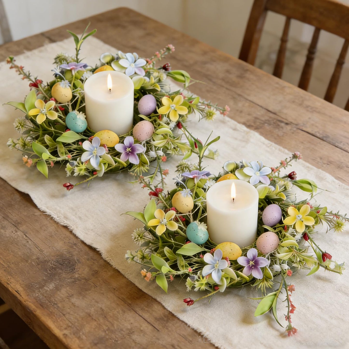 6 Pcs Easter Small Candle Rings Wreaths Mini Pillar Candle Holder Wreath with Eggs and Flowers Artificial Spring Pink Wreath for Home Kitchen Front Door Window Porch Wall Table Cnterpieces
