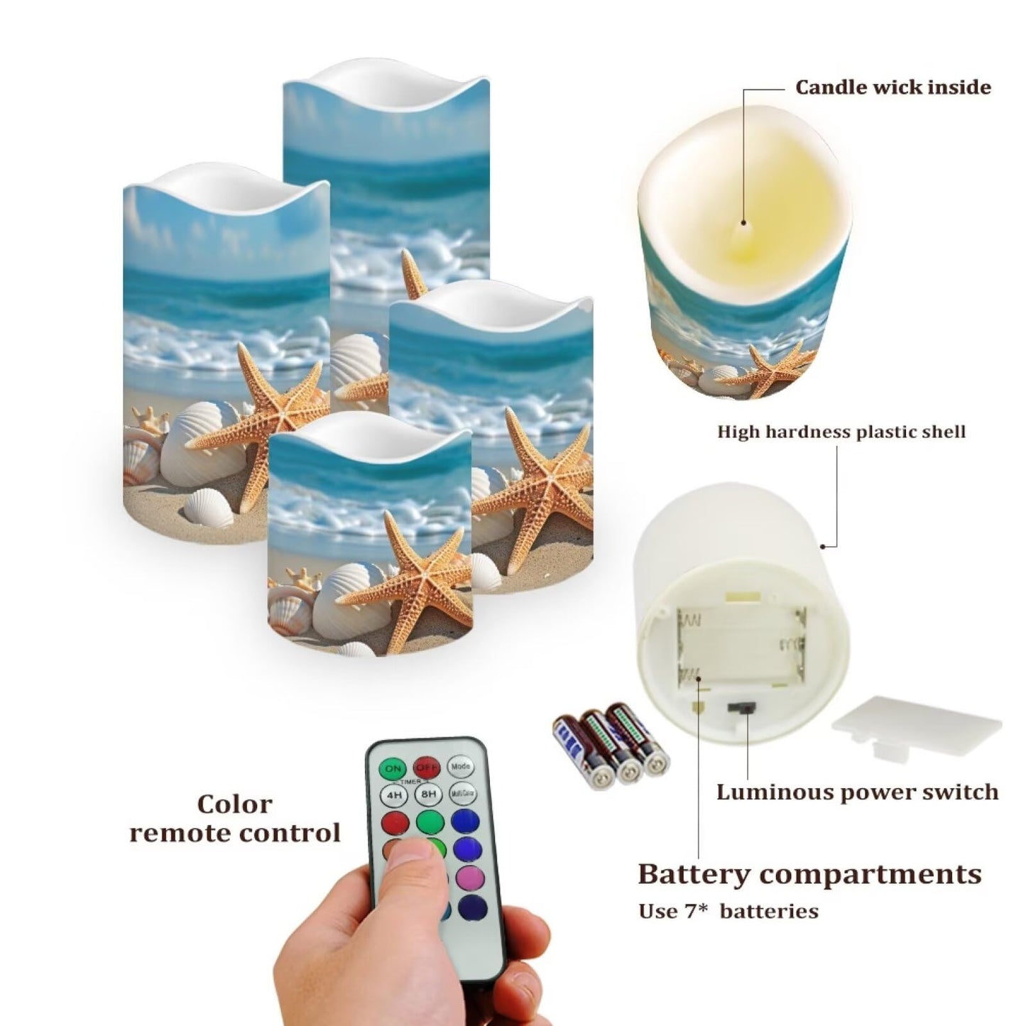 Ystardream Beach Starfish Flameless Candles with Remote Battery Operated Candles Realistic LED Candles with Remote and Timer Set of 4 for Valentines Home Wedding Birthday Decoration