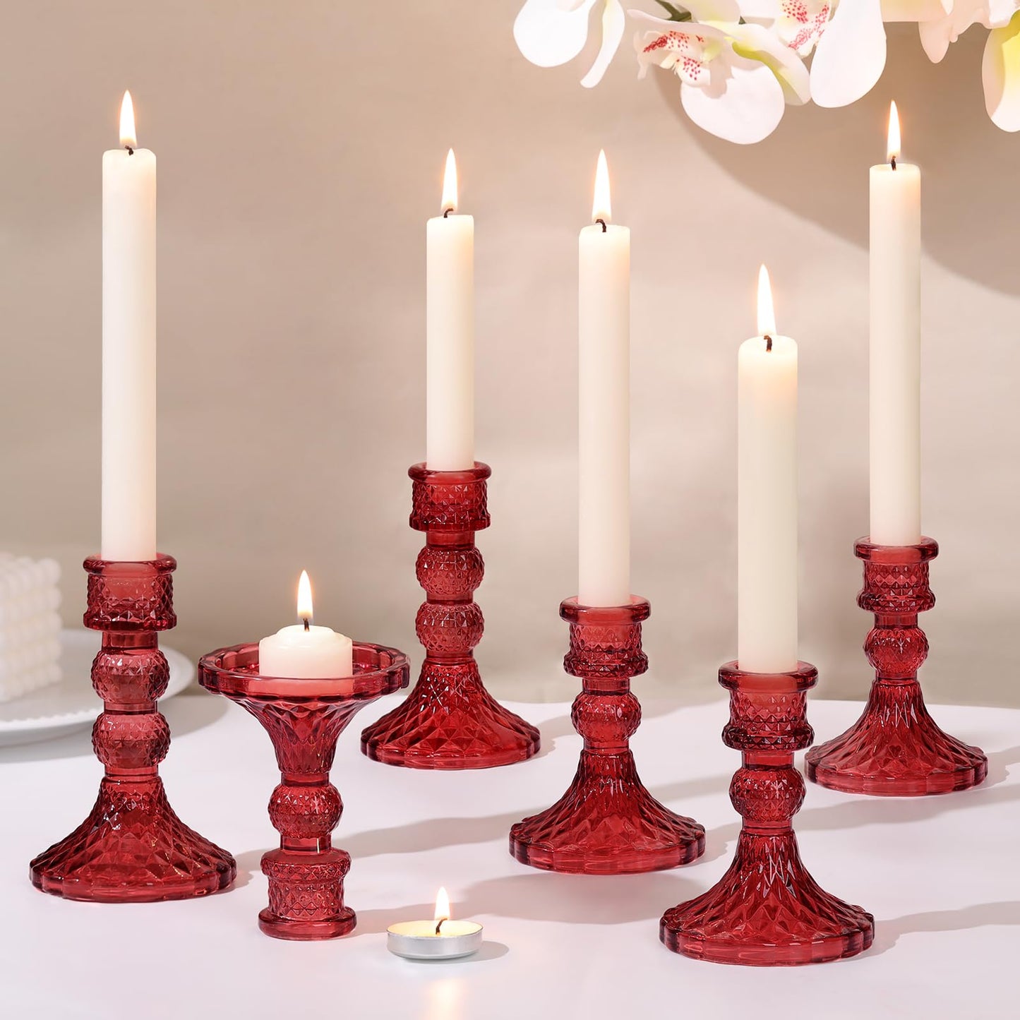 DARJEN Red Glass Candlestick Holders Set of 6, 4" H & 5" H Taper Candle Holders for Candlesticks & Pillar Candles, Diamond Candle Holders for Wedding Party Table Centerpiece, Home Decor