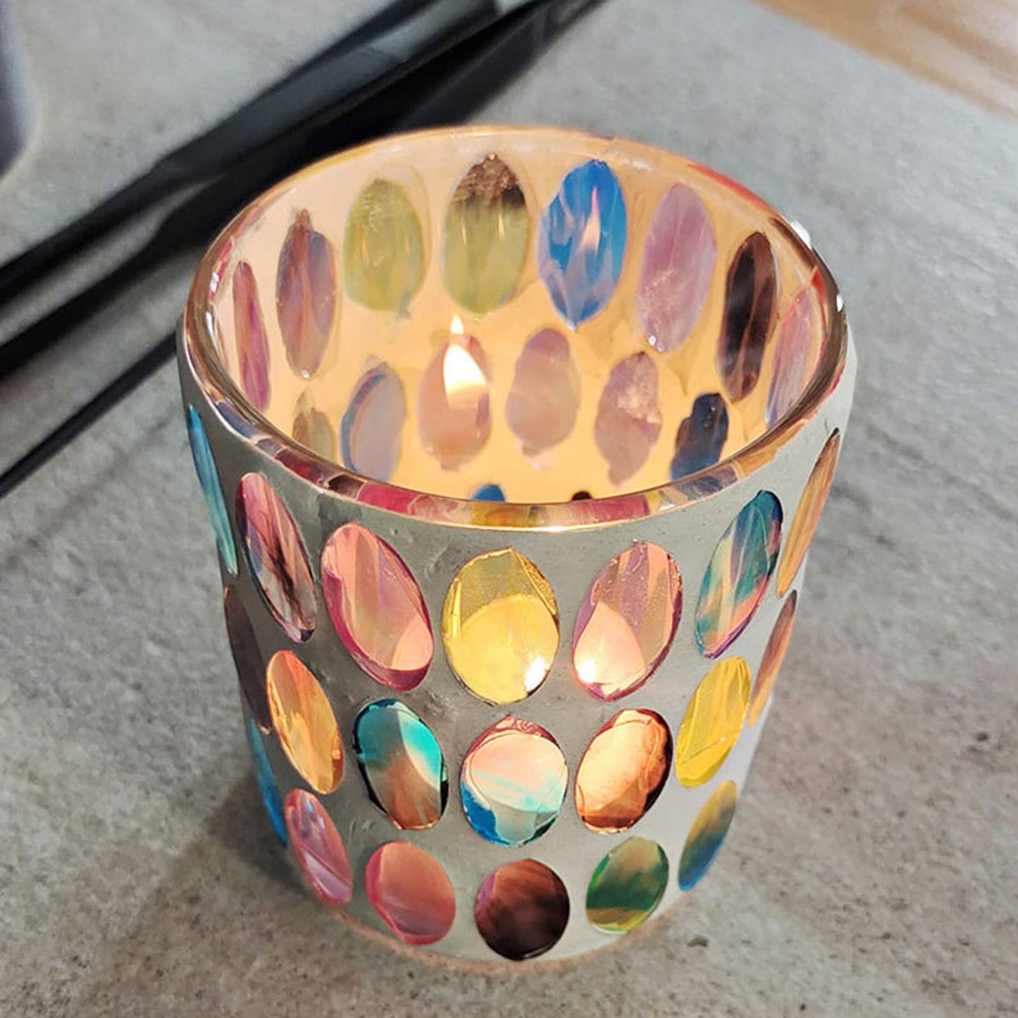 Glass Candle Holders, Mosaic Tea Light Holder Colorful Glass Vivid Luster Tealight Votive Holder Cup Vivid Luster Pen Holder for Bedroom, Office, Cafe, Restaurant, and Bar