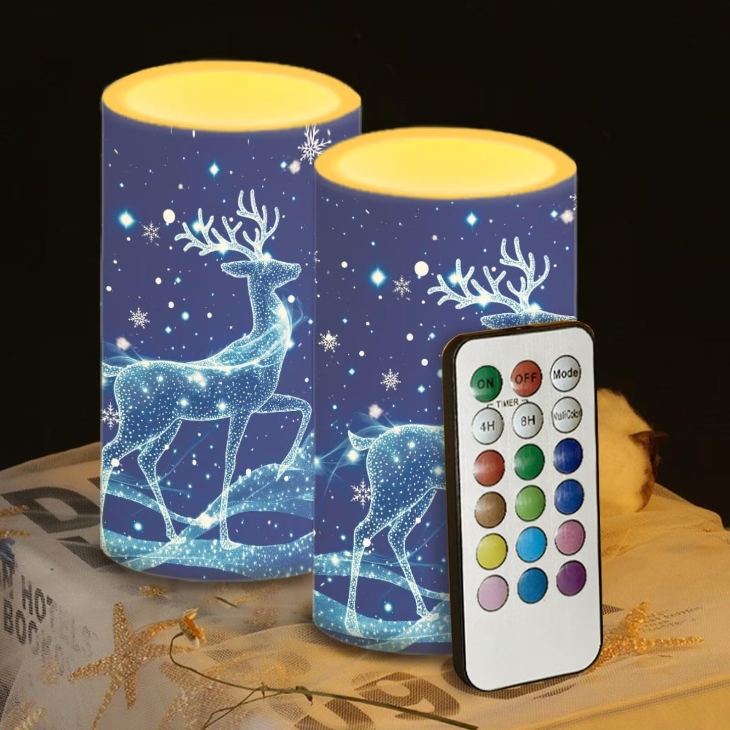 Luarisgur Christmas Bedroom Decor LED Candles with Remote Deer Patterns Flameless Pillar Candles Battery Operated with 18-Key Remote Timer for Home Indoor Room Decor Xmas Table Decorations