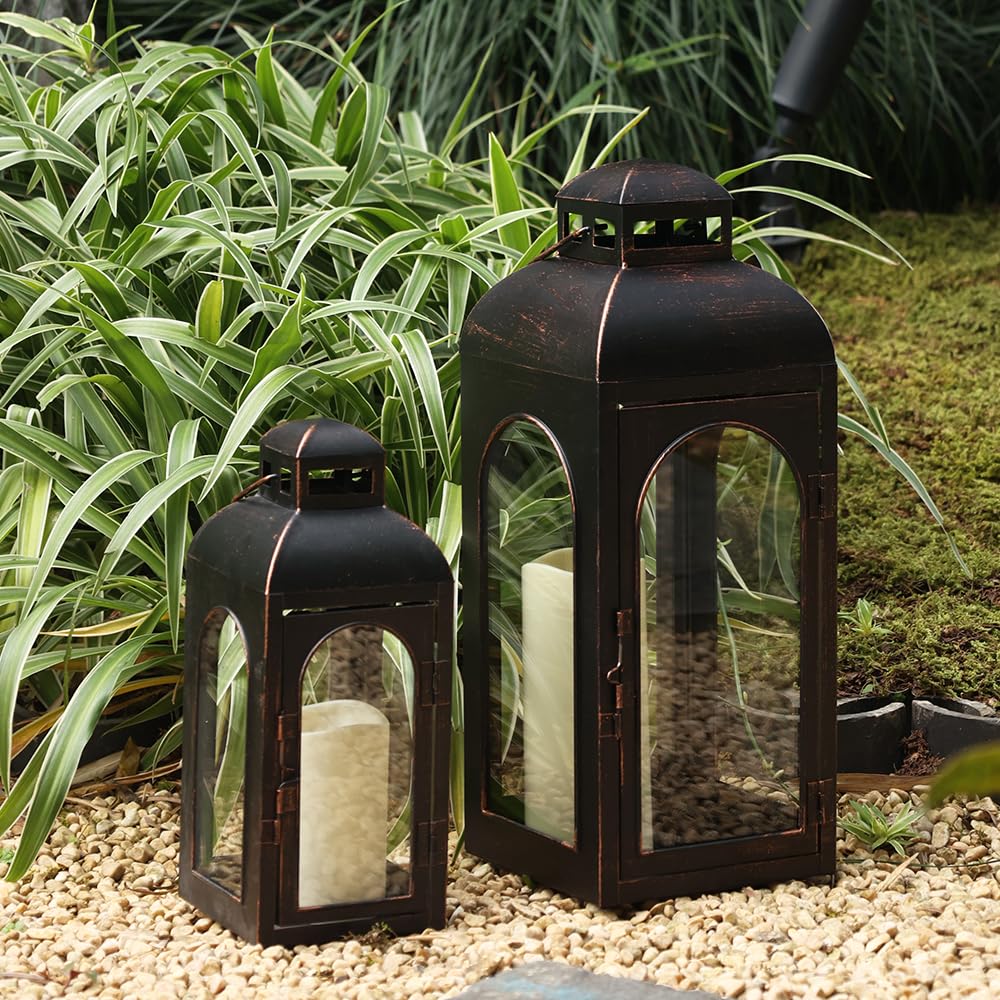 NEEDOMO Lanterns Decorative Indoor,Set of 2 Outdoor Lanterns for Porch, 20" Metal Frame Candle Holders Hanging Lights,with Glass, Spring, Fall, Christmas