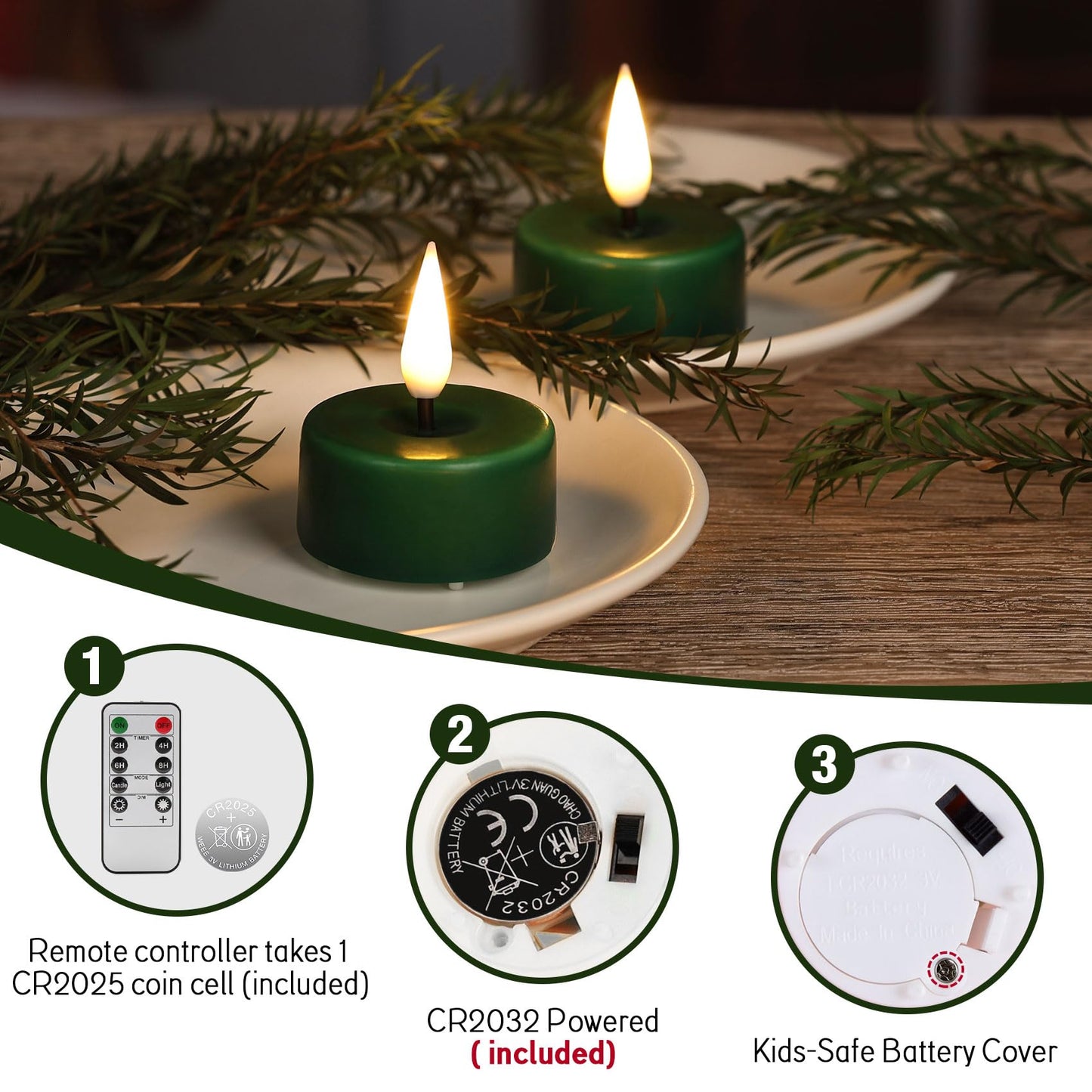 Eywamage Green Flameless Wax Tealights with Remote Batteries, Flickering LED Tea Votive Candles Set of 10
