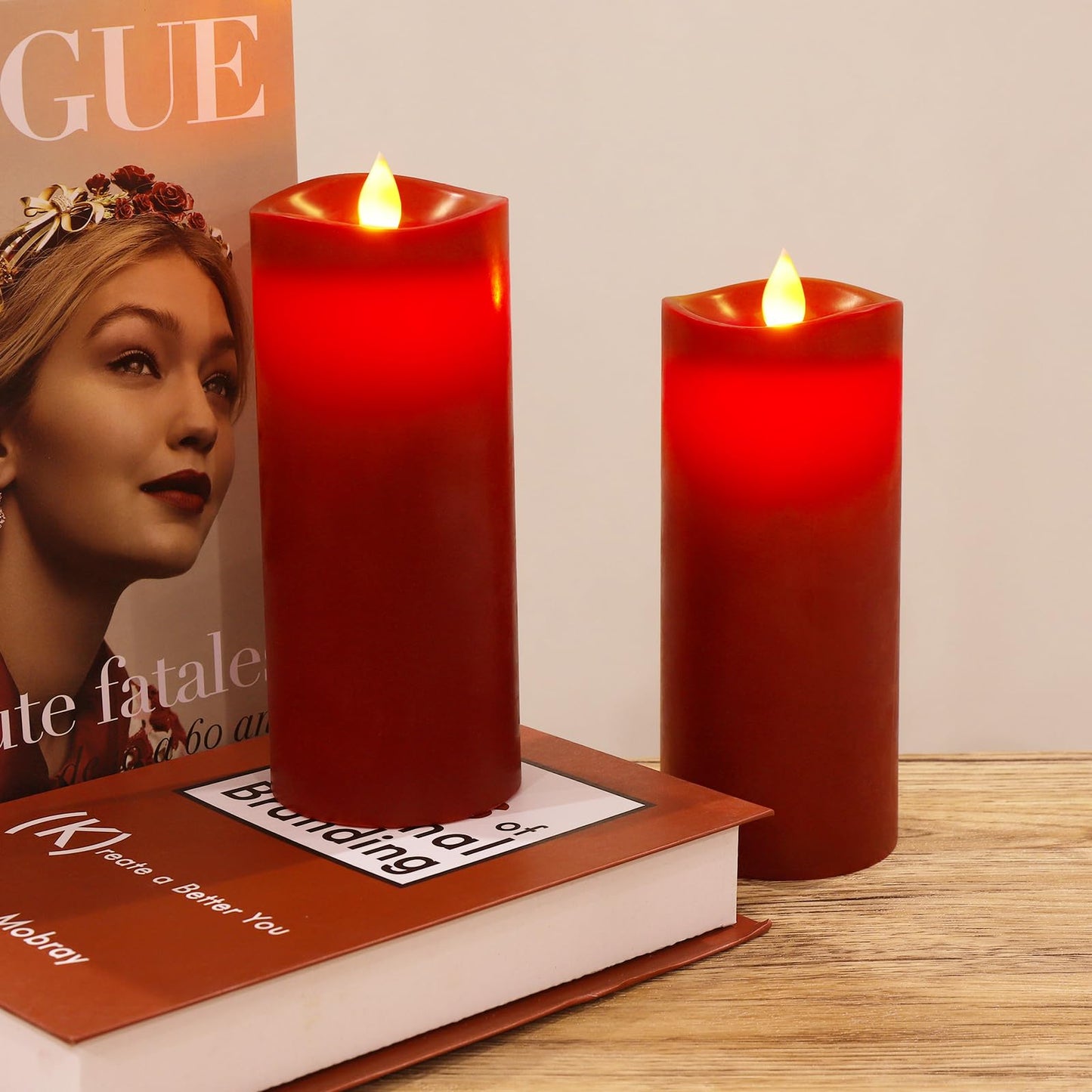 Enpornk 7” x 3” Flameless Candles, Flickering Moving Flame LED Candles, Battery Operated Candles with Remote and Timers, Burgundy, Set of 2