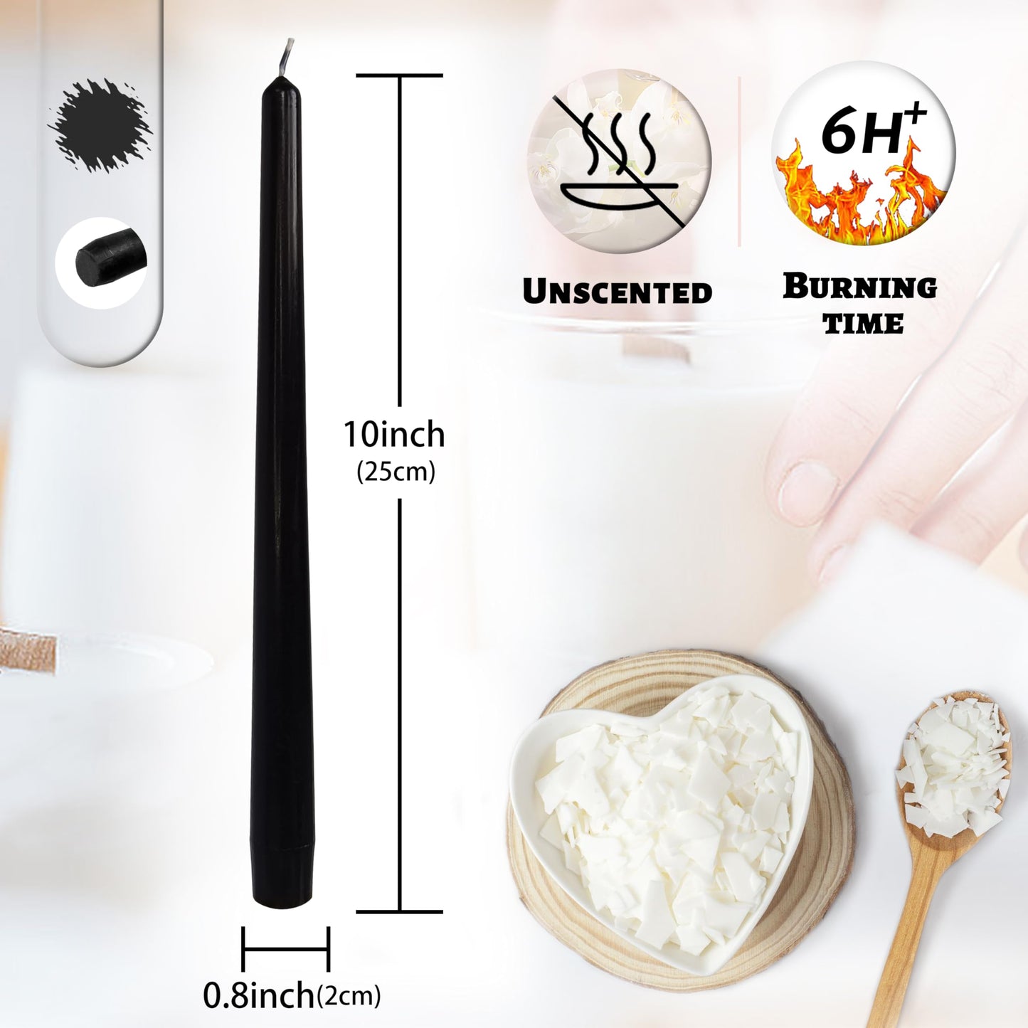 Dripless Unscented Black Taper Candles Smokeless Long Lasting Burn Elegant Tall 10 Inch Candlesticks for Home Décor Holiday Gift Dinner Party Formal Events