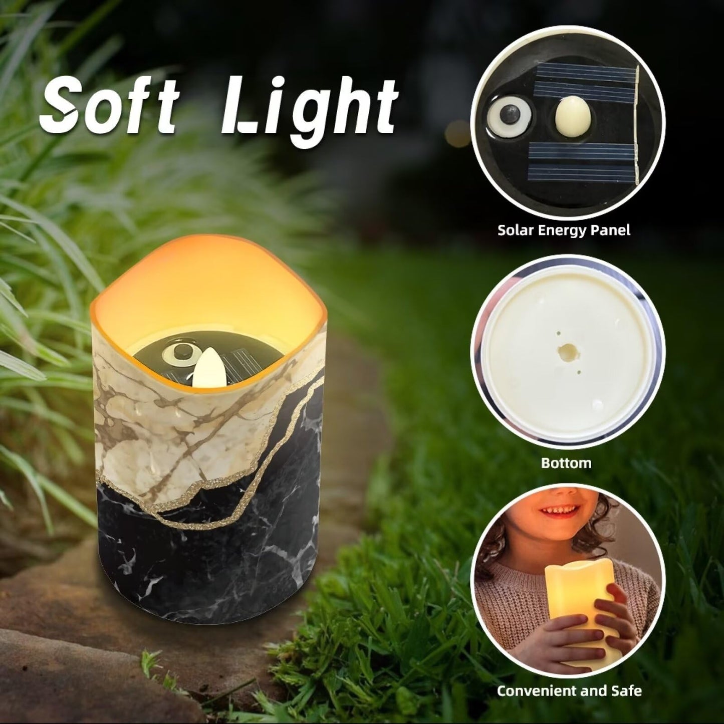 HUISEFOR Black Marble Flickering Flameless Candles Set of 6 Outdoor Solar Candles Rechargeable Solar Emergency Night Lights with Dusk to Dawn Light Sensor Modern Home Decorations