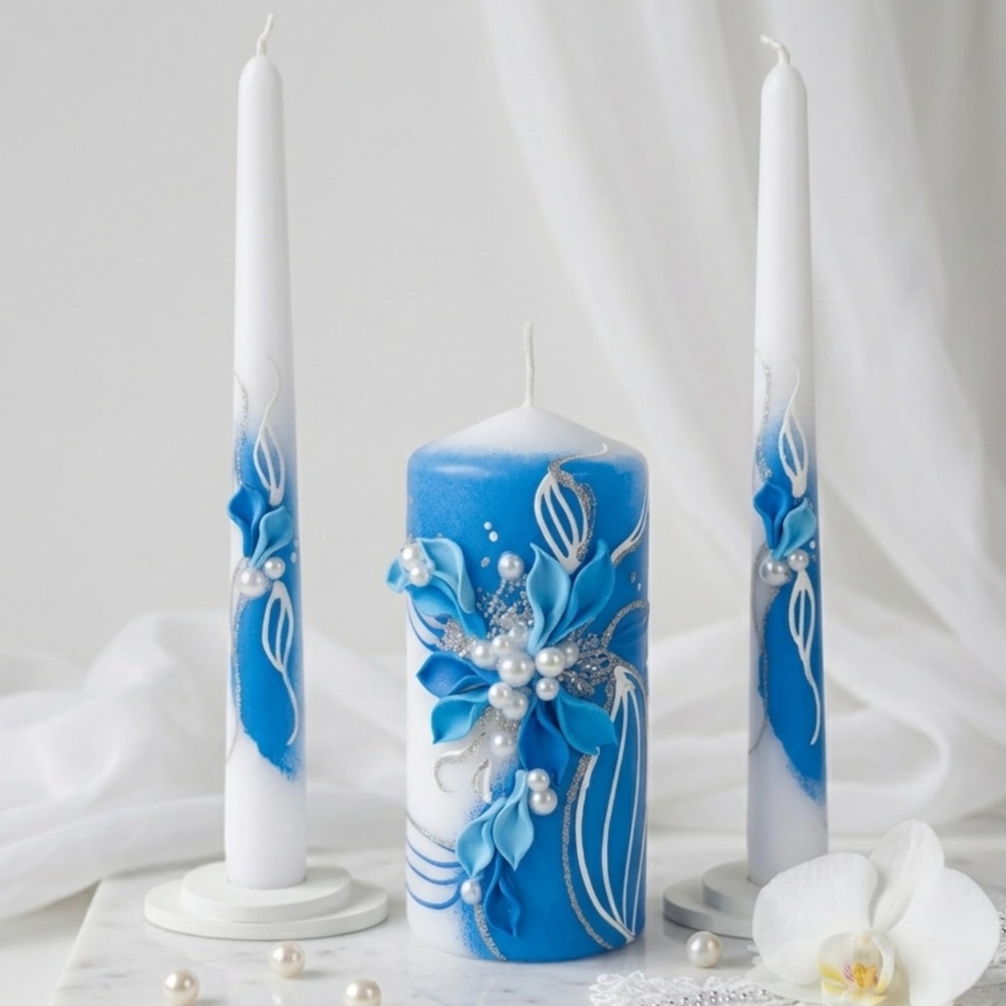 Magik Life Unity Candle Set - Wedding Ceremony & Reception – 6” Pillar & Two 10” Taper Candles – Long Burning Unity Candles for Marriage Ritual – Handmade in USA –White | Royal Blue