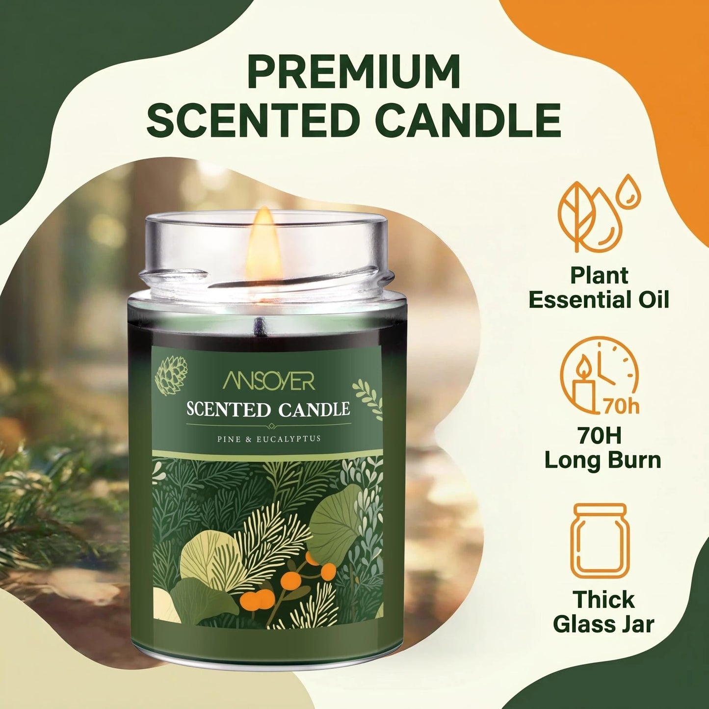 Scented Soy Candle, Aromatherapy Jar Candles for Home Scented, Long Lasting with 70 Hour Burn Time 11oz, Gifts, Soy Candles Scents of (Pine & Eucalyptus)
