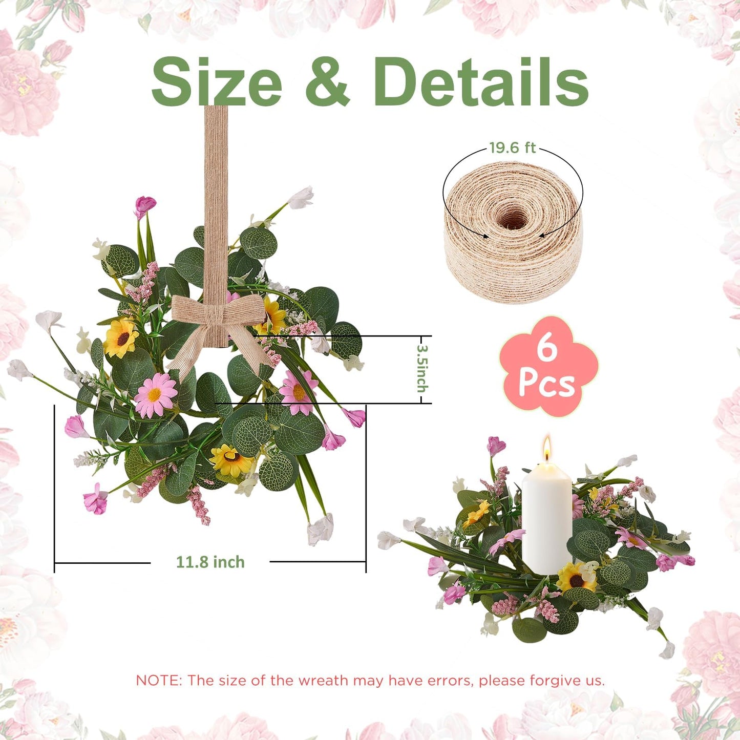 Spring Summer Wreath 6Pcs, 11.8 Inch Summer Wreath with Ribbon, Artificial Daisy Eucalyptus Leaves Grass Wreath, Hanging/Tabletop/Candle Ring Decor for Home Front Door, Porch, Wall, Window, Cabinets