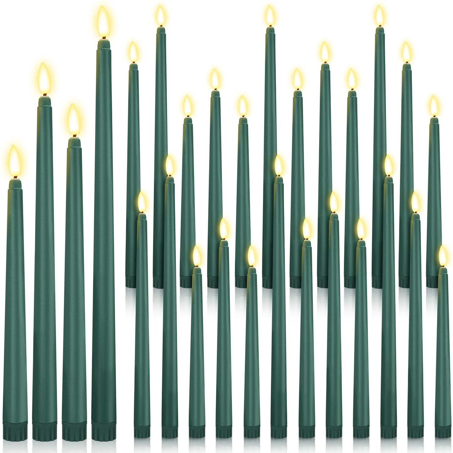 Rossesay 24 Pcs Flameless LED Taper Candles Battery Operated Candle 8.5", 9.65", 10.8", 12.8" Flameless Candlesticks Flickering for Christmas Church Wedding Indoor Decoration(Classic, Green)