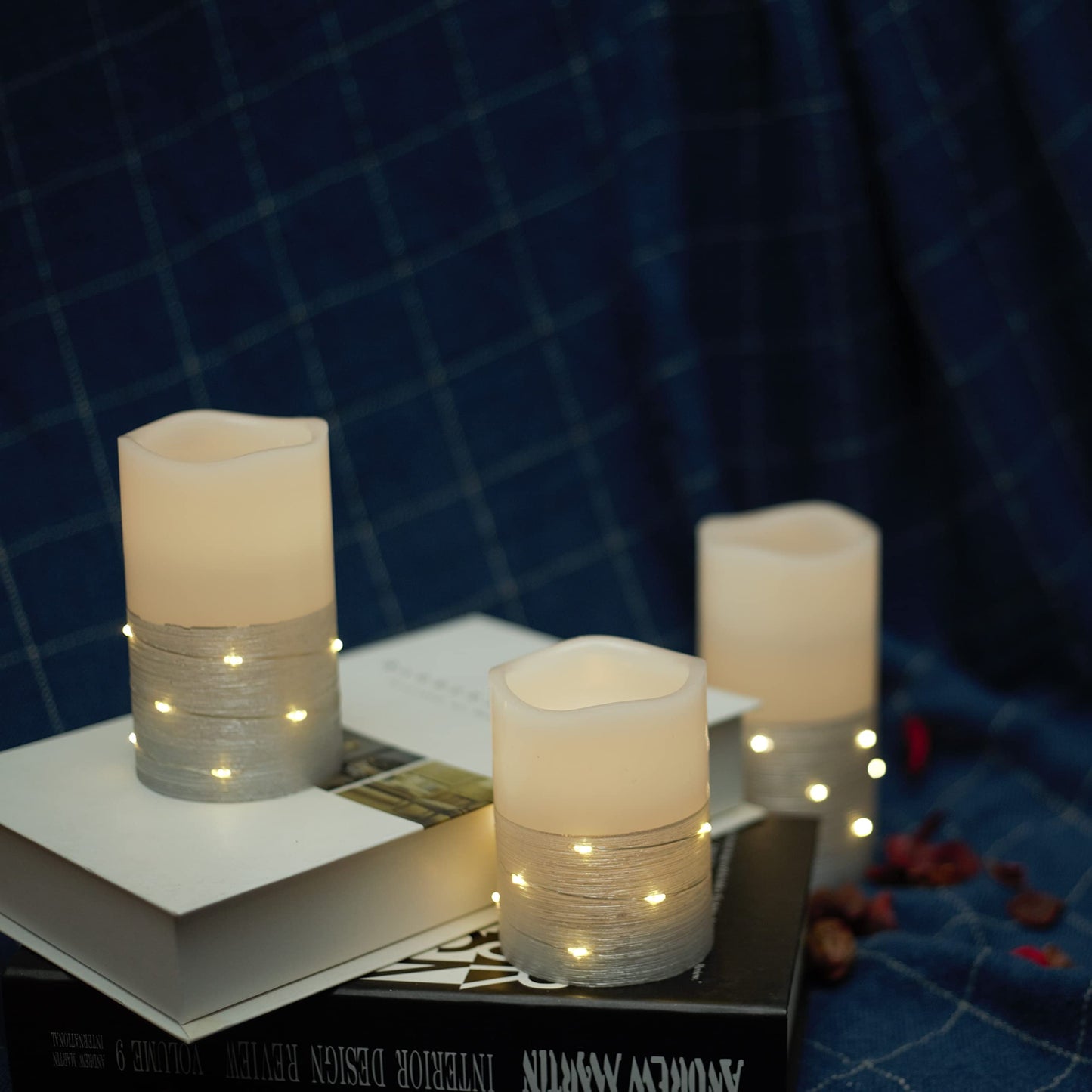 H-BLOSSOM Flickering Flameless Candles Ivory Real Wax Pillar with Embedded String Lights LED Candles Battery Operated with 10 Key Remote and Cycling 5H Timer Set of 3 (3" x 4"/5"/6") (Silver)