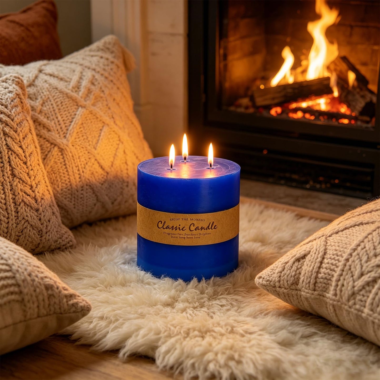 6" x 6" Blue Hand-Poured Candle, Dripless & Clean Burning (120 Hours), Unscented Rustic Pillar, Perfect for Men's Gift, Nautical Theme Weddings, Blue & Gold Party Decor