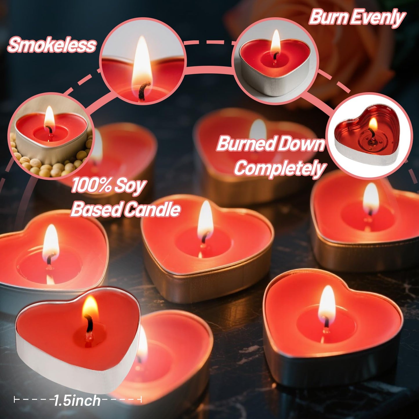 30 Pcs Tea Lights Candles, Heart Shaped Unscented Smokeless Soy Wax Tea Candles Tealights for Romantic Dating, Wedding, Anniversary (Red)
