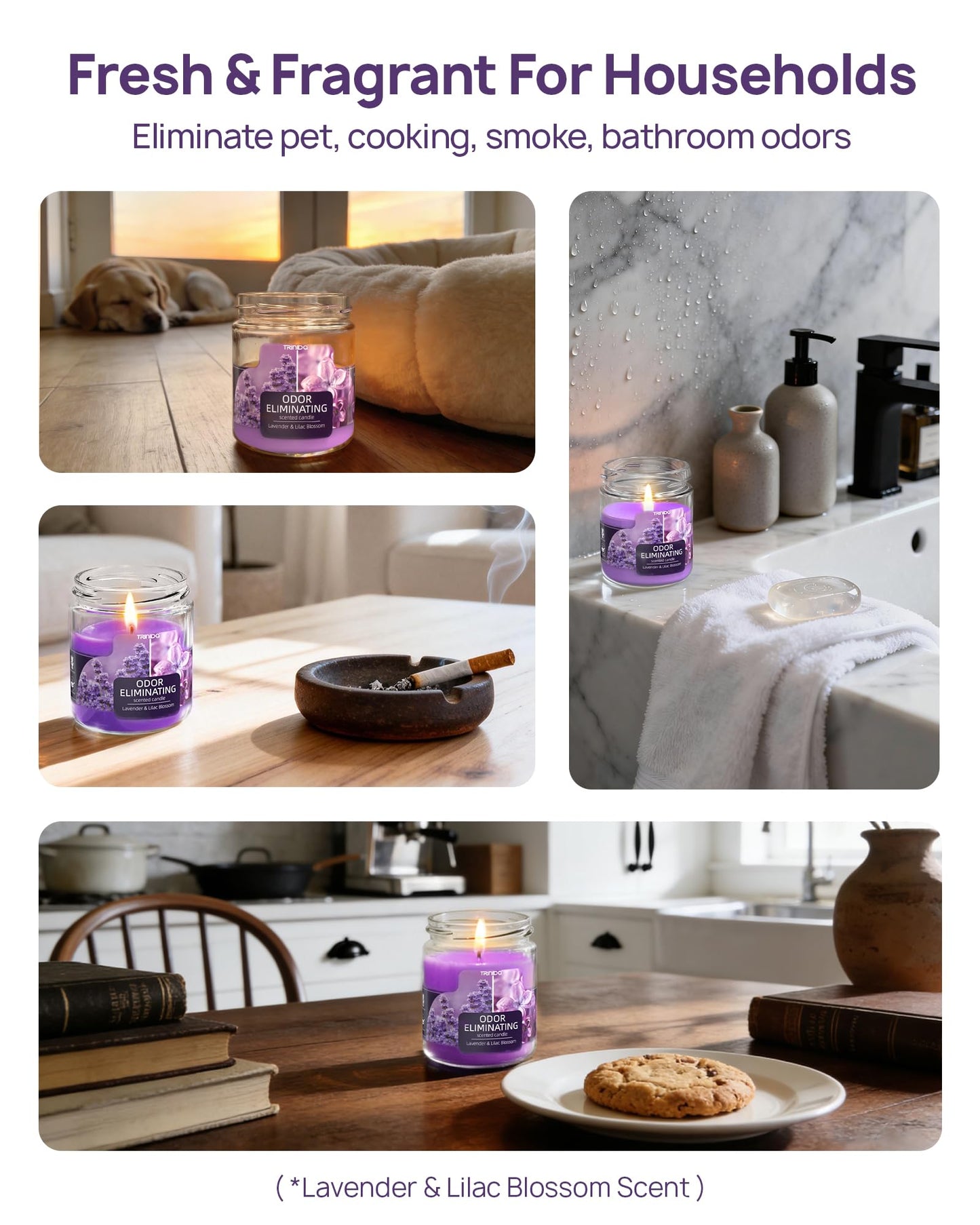 Lavender & Lilac Blossom Odor Eliminating Candles for Home Scented, Eliminates 99% of Pet, Smoke, Food and Other Smells Quickly, Highly Fragranced Candle, Premium Soy Candles Set for Women