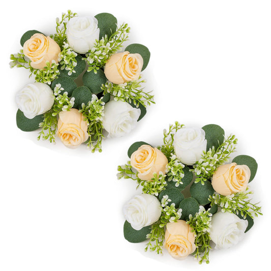 NUPTIO Small Flower Rings for Centerpieces: 9.05 Inch Champagne & White Candle Wreath for Wedding Party Christmas Table Decorations - Spring Summer Front Door Porch Decor 2 Pcs
