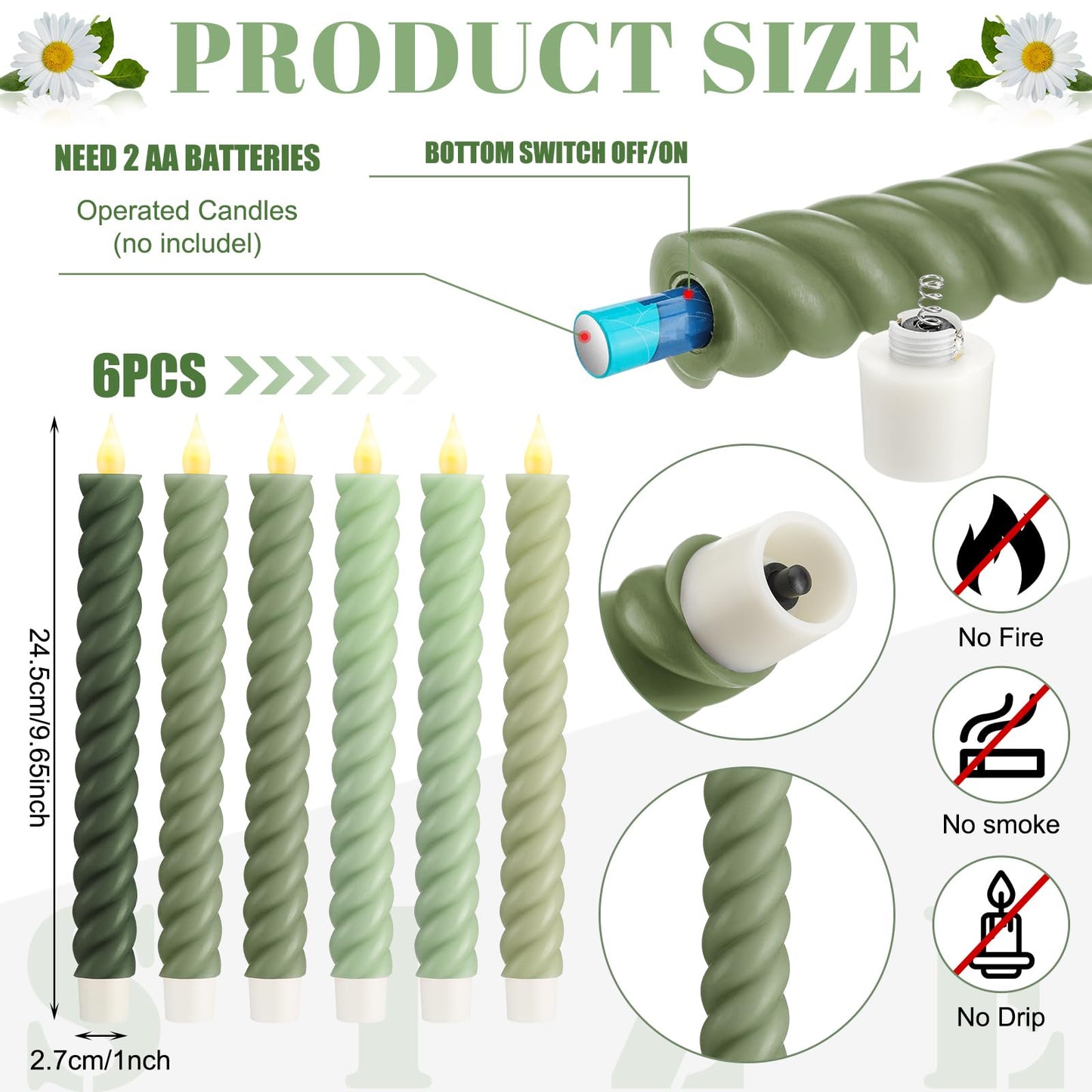 Baquler 6 Pcs Sage Green Flameless Taper Candle Twisted LED 9.65 Inch Taper Candles Battery Operated Twisted Candlesticks for Summer Wedding Birthday Home Party Holiday Dinner Fireplace Decor