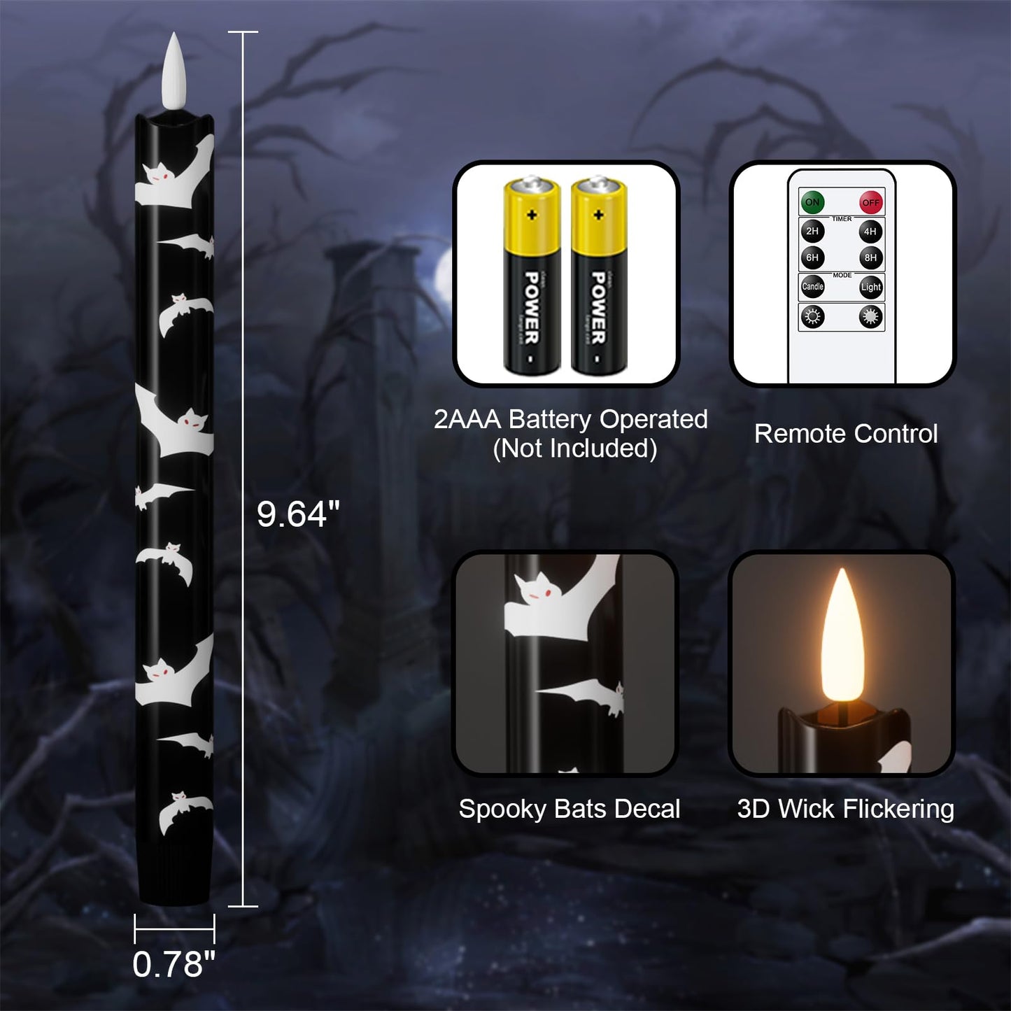 Eldnacele Flameless Flickering Taper Candles with Remote and Timer, Battery Operated Bats Decal Real Wax Black LED Window Candles Set of 4 Fireplace Spooky Halloween Holiday Decor