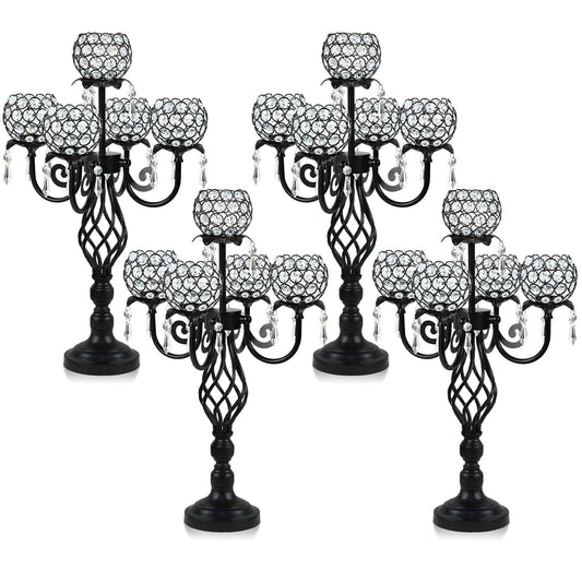 Kehail 5-Arm Crystal Candelabra Centerpiece 23.2" Tall - Elegant Candle Holder Stand with Crystal Bowl, Chic Table Decor for Weddings, Parties, Anniversary & Home Decoration (4, Black)