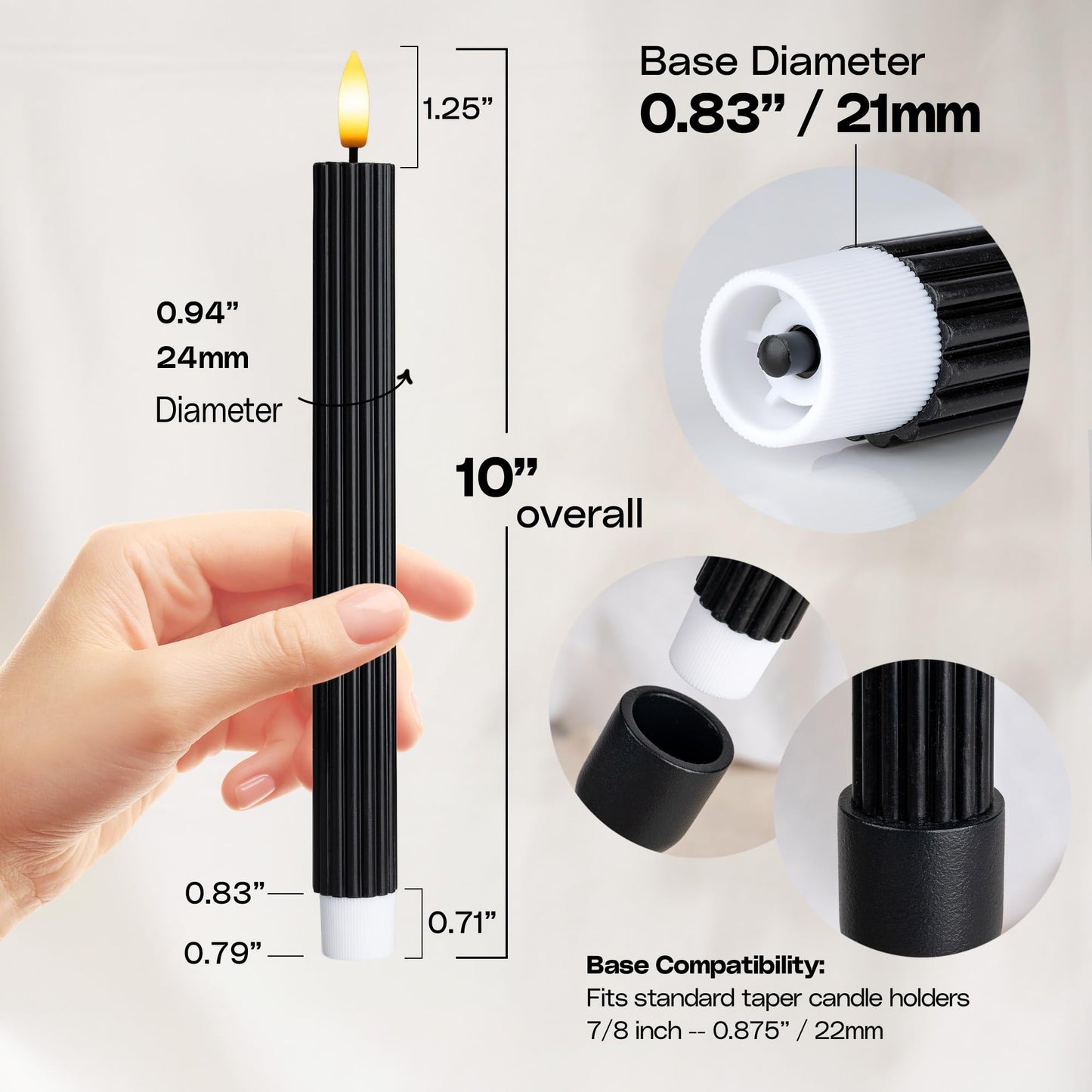 West Ivory 12 Pack, 10" LED Flameless Black Fluted Ribbed Grooved Taper Candles, Remote & 24h Timer Memory, On/Off Button, Dimmable, Flicker Mode, Battery Operated, Christmas Menorah Wedding