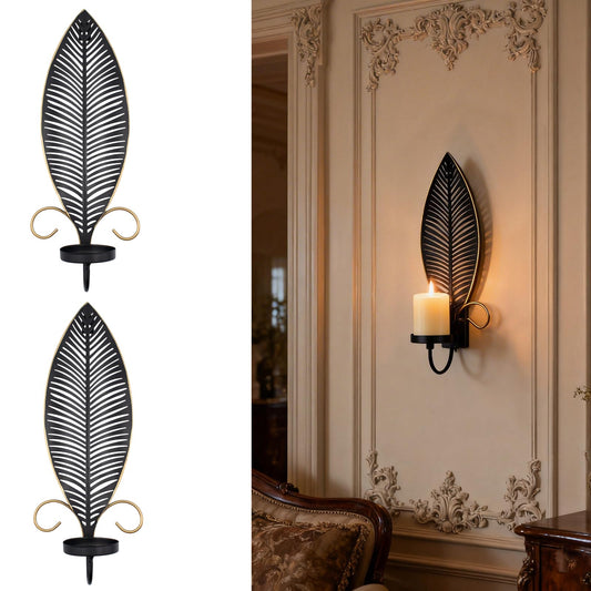 2 PCS Vintage Metal Black Gold Wall Candle Holder Leaf Wall Candlestick Stand Gothic Baroque Home Decor Sconce for Bedroom Hallways Fireplace Living Room Bar Coffee Shop