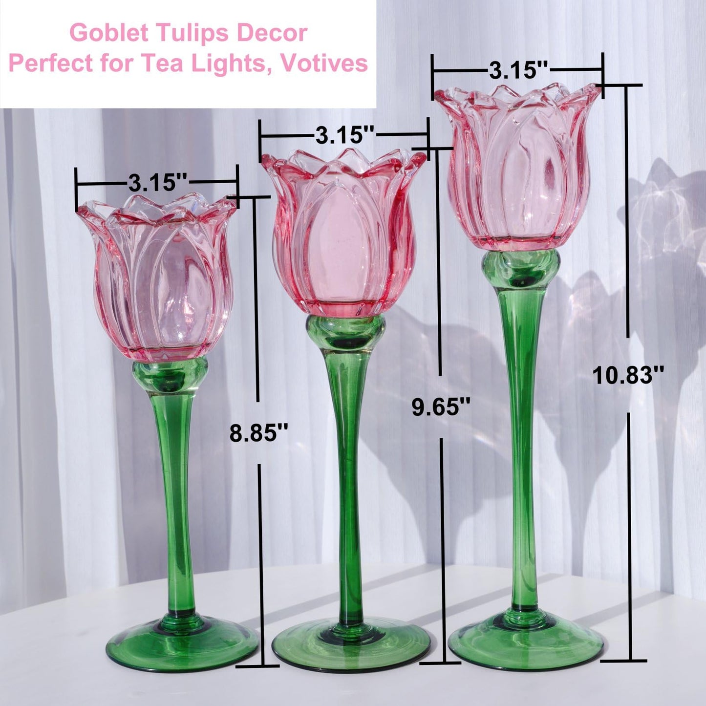 VOHO Pink Tulips Candle Holder, Romantic Pink Flower Votive Candle Holders for Wedding Bridal Shower Decorations, Tall Tealight Candle Holder Decor for Centerpiece Table(Set of3)