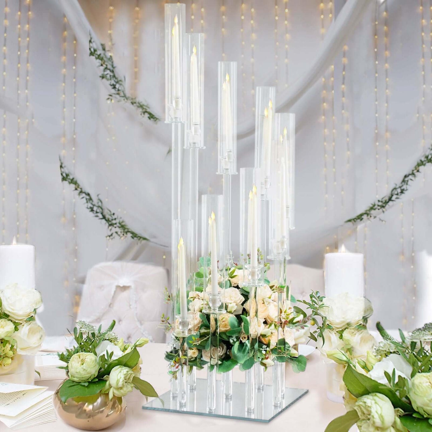 Efavormart 48" Crystal 9-Arm Cluster Glass Candelabra Floral Pedestal Stand, Square Hurricane Taper Candle Holder Stand