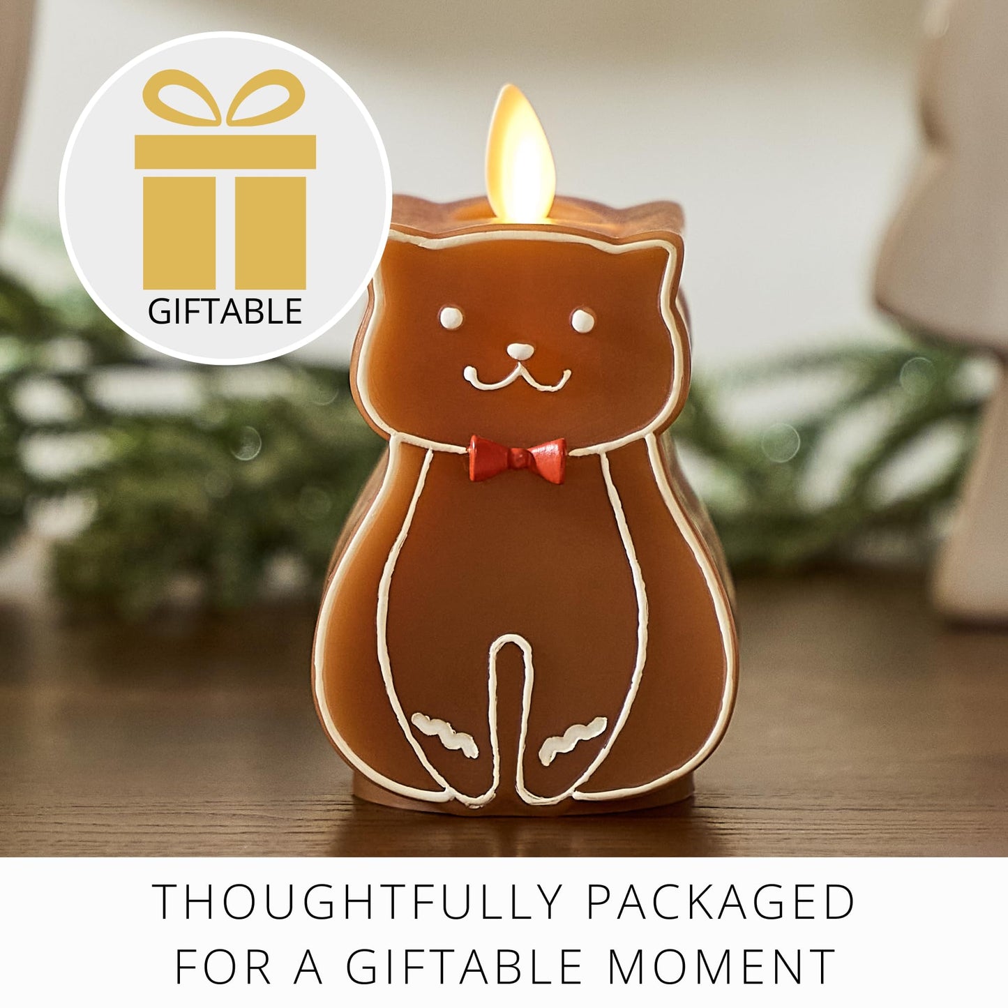 Luminara Flickering Flameless Candle 2.5" x 4.3", Battery Operated & Timer Function, Remote Ready (Sold Separately), Gingerbread Cat Moving Flame LED Light Figural Candle for Christmas Holiday Display