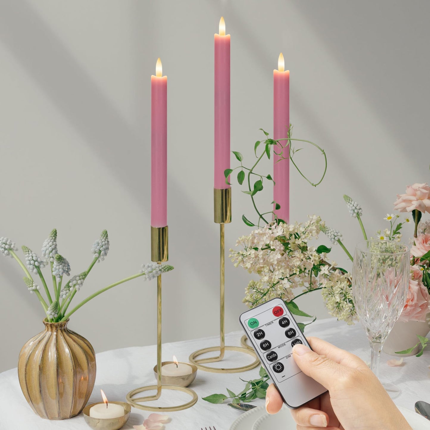 Pink Flameless Taper Candles with Remote, Real Wax Battery Operated LED Candles with 3D Flickering Flame, 9.6" Realistic Dripless Candlesticks for Valentine's Day Decor, Proposal Wedding, 3 Pack