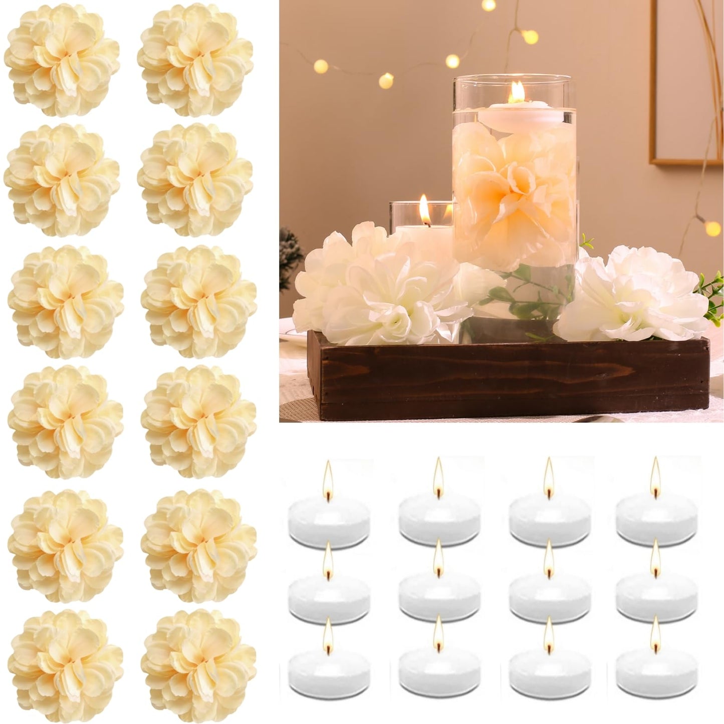 WPPNSY 24 Pcs Floating Candles for Centerpieces and Floating Flowers Artificial Flowers Head Vase Filler for Party Home Table Wedding Centerpieces Decoration (Champagne)