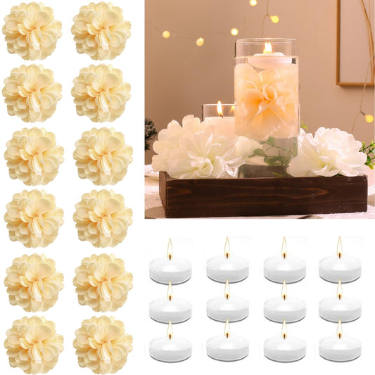 WPPNSY 24 Pcs Floating Candles for Centerpieces and Floating Flowers Artificial Flowers Head Vase Filler for Party Home Table Wedding Centerpieces Decoration (Champagne)