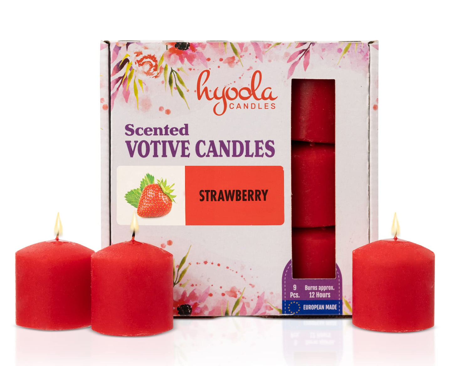 HYOOLA Scented Votive Candles - Strawberry Votive Candles -12 Hour Burn Time - 9 Pack - European Made