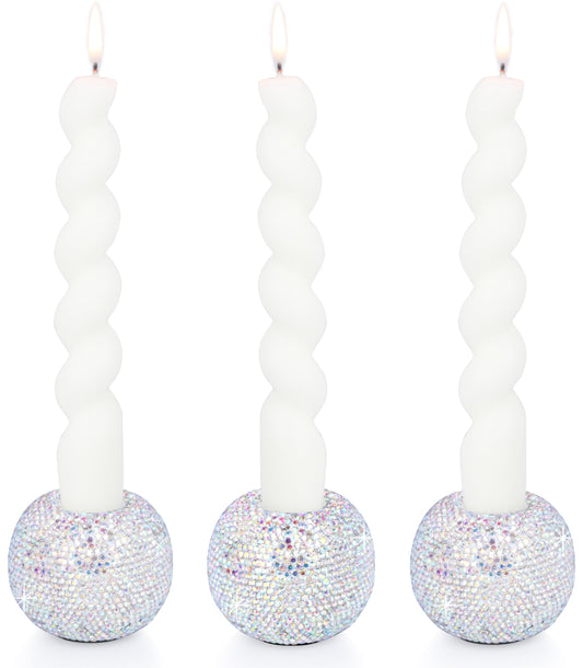 Vixdonos Round Resin Rhinestones Candlestick Holders Set of 3 Ceramic Candle Holder Bulk for Taper Candles,Silver