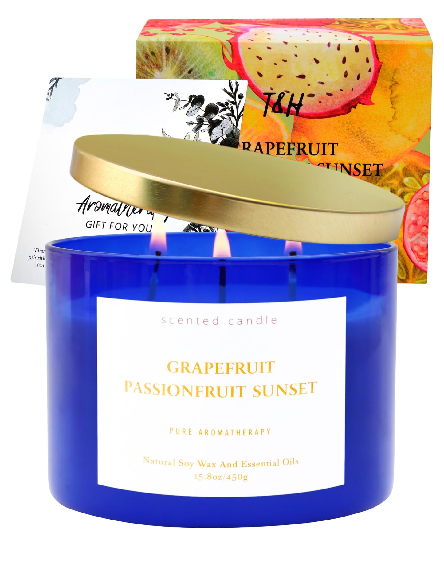 Grapefruit Passionfruit Sunset 3-Wick Soy Candle | 15.8 oz Large Scented Candle for Home | Clean Burn Long Lasting | Tropical Citrus Scent | Gift Ready
