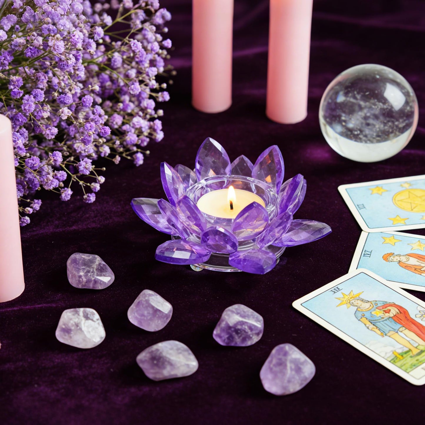Kolnlala 1 Pc Purple Crystal Lotus Flower Tealight Candle Holder | Glass Votive Candlestick Decor for Home, Wedding, Party & Christmas Table Centerpieces
