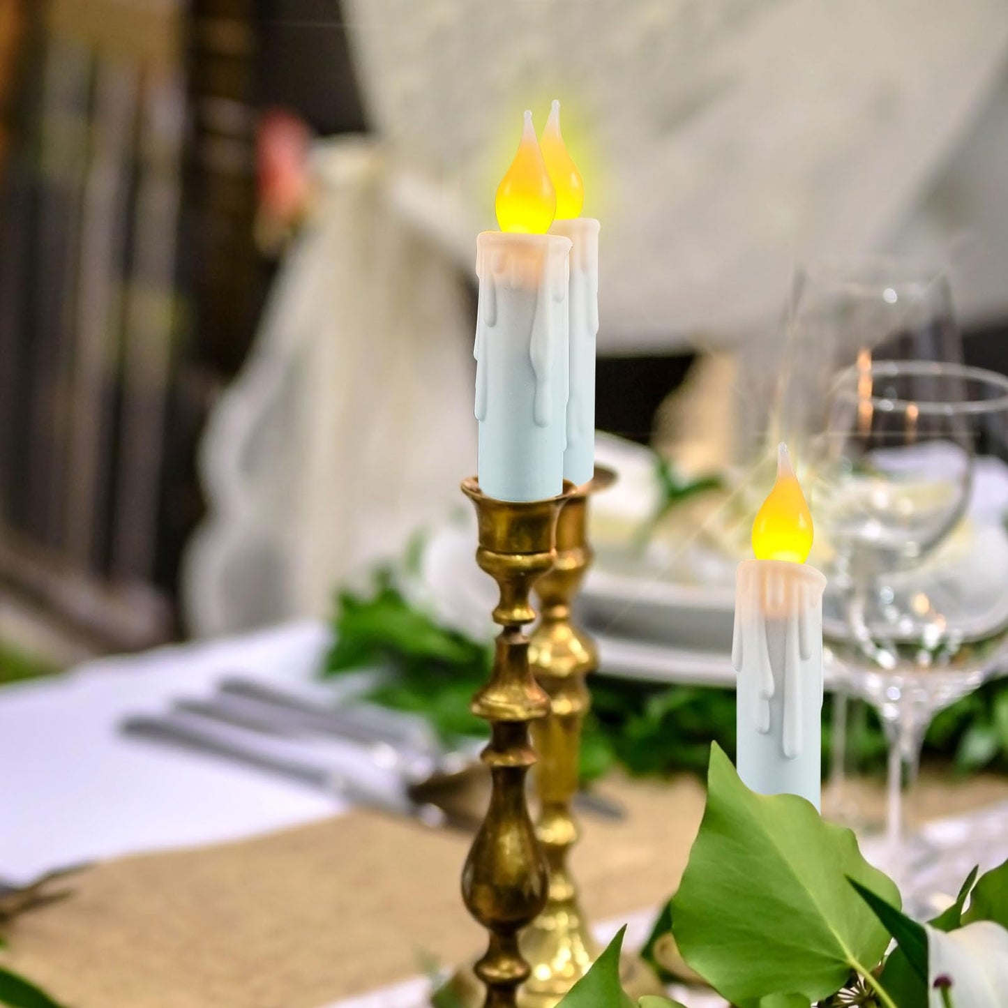 Short Flameless Taper Candles with Flickering Flame Realistic 6 Hour Timer,Small White Battery Operated LED Candlesticks for Christmas Halloween Decor,Set of 4 PCS