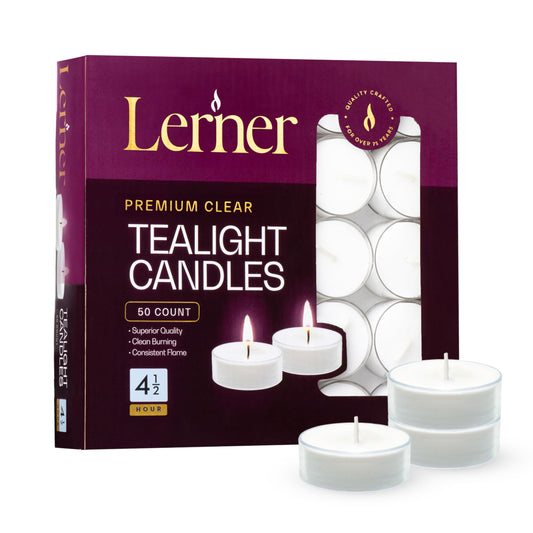Lerner Clear Tea Lights Candles Bulk - 4.5 Hour Clear Cup Tealight 50 Pack - Consistent Smkless Clean Burning - Holiday, Wedding, Spa, Emergency and Home Decoration Candles