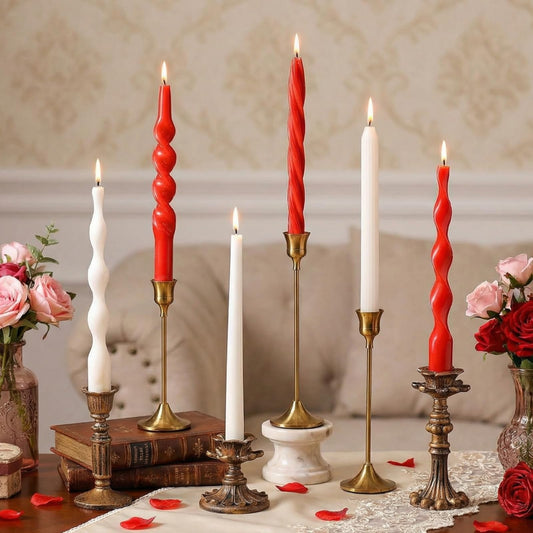 Lyrow 6 Pcs 8 Inch Valentine Day Twisted Taper Candles Dripless Red White Unscented Spiral Wax Taper Candles Valentine Long Swirl Tapered Candlesticks for Wedding Holiday Party Decoration